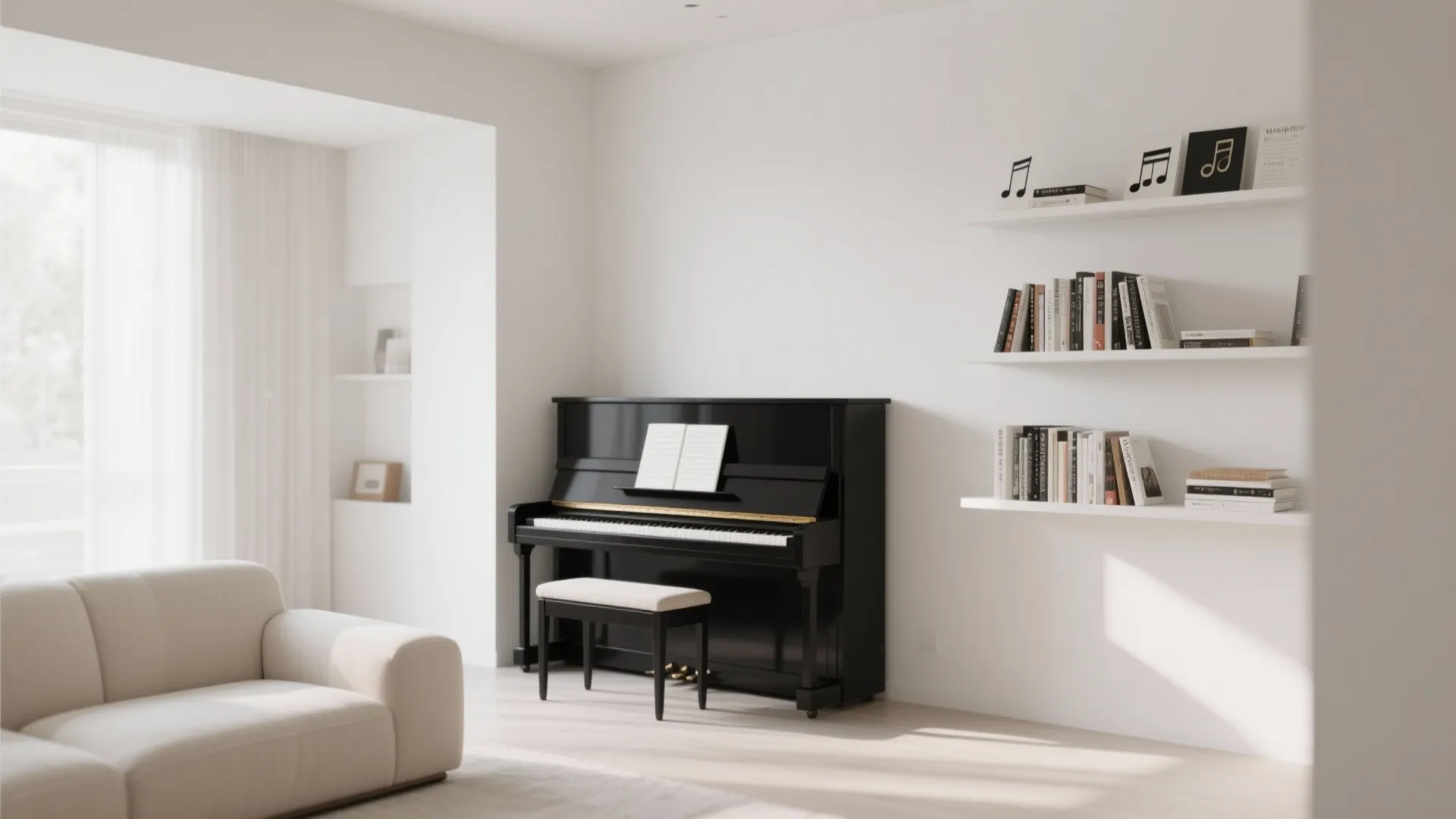 Black upright piano with white bench in minimalist room featuring white wall shelves and beige sofa