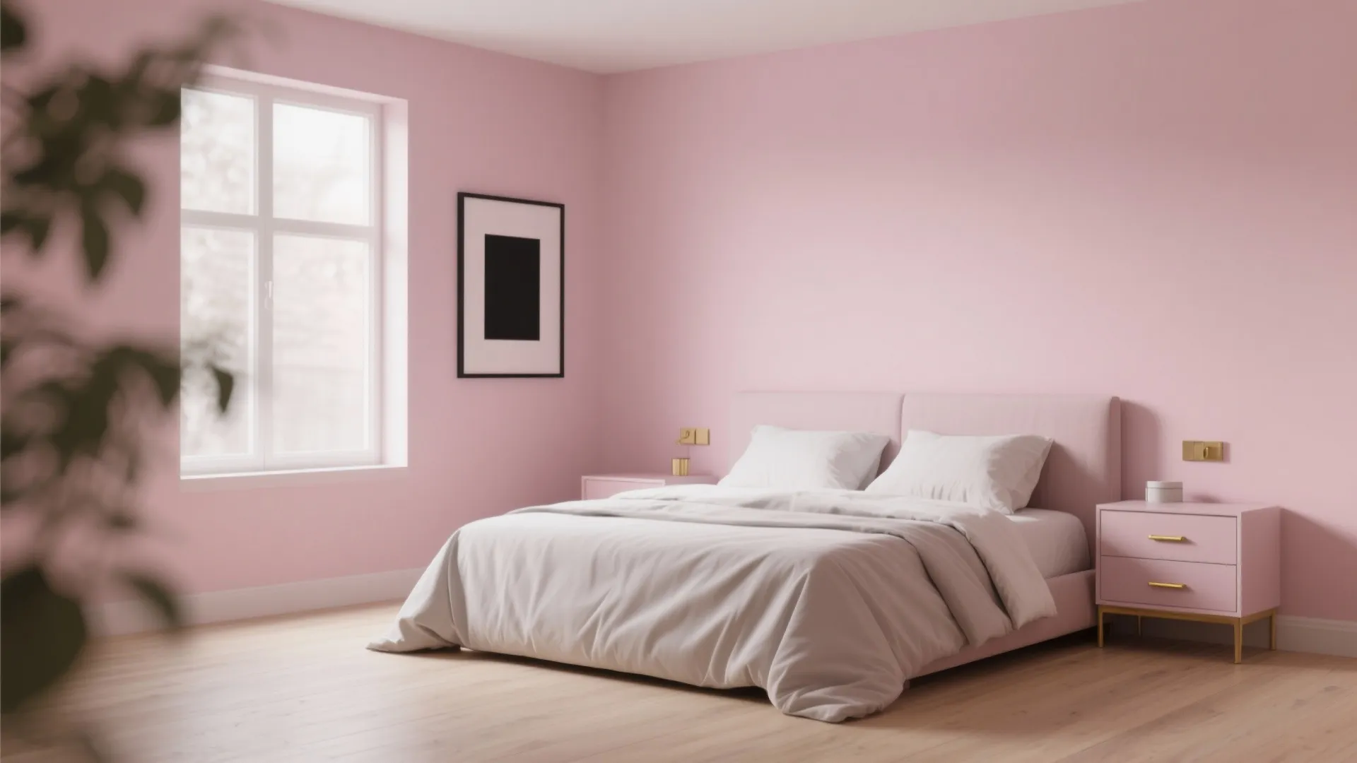 Minimalist pink bedroom featuring white bedding pink nightstands a large window and light wood flooring