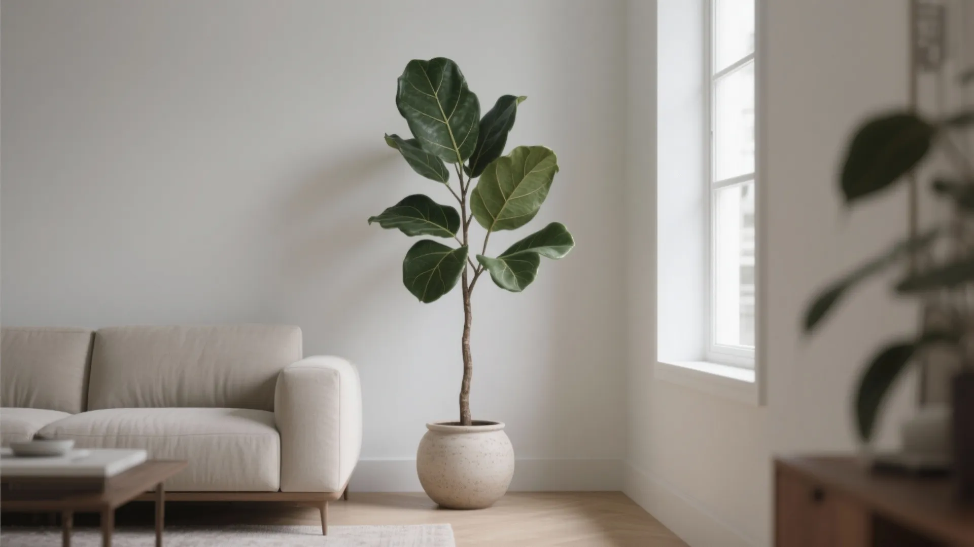 Minimalist living room corner with tall green plant