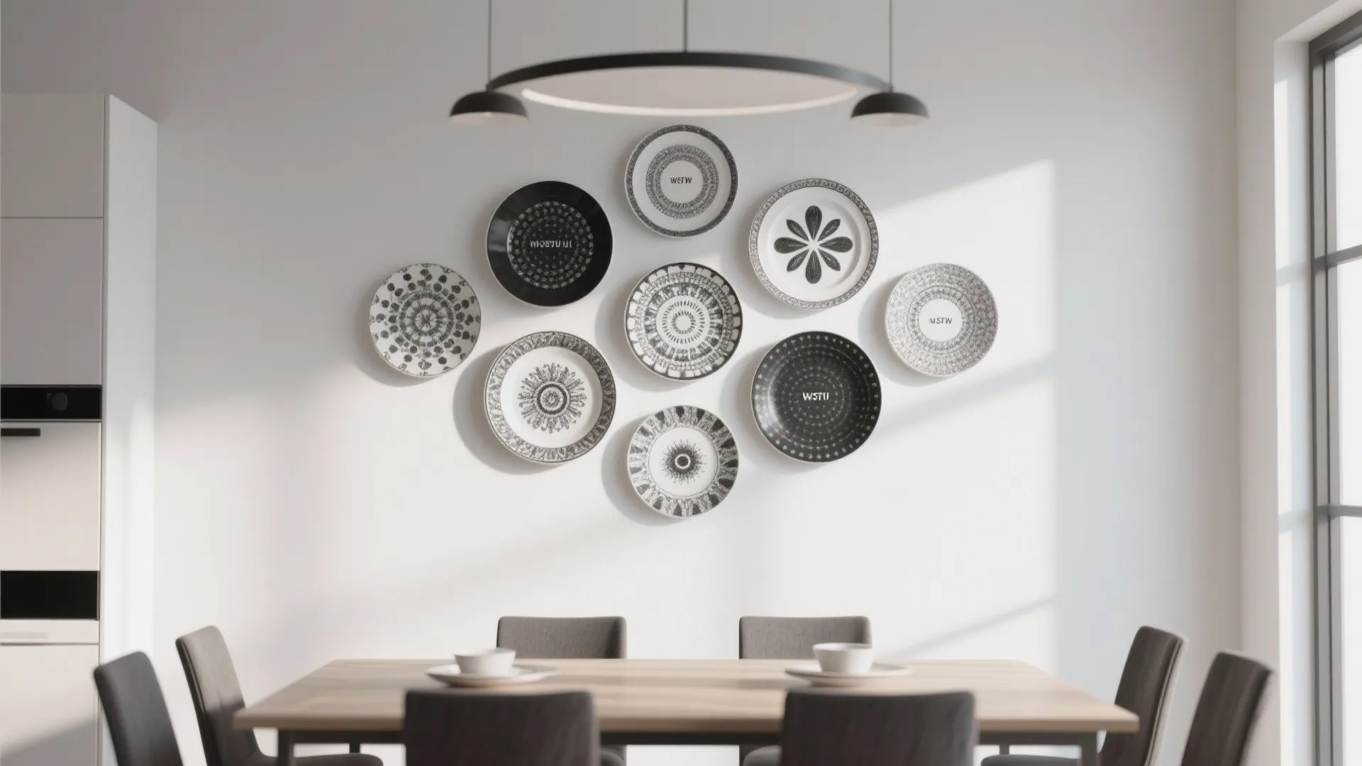 Modern dining room featuring decorative ceramic plates hanging on white wall above wooden dining table