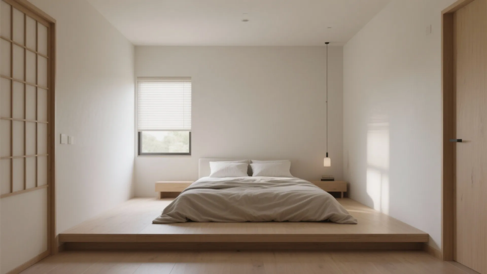Modern Japanese style bedroom with low platform bed light wood flooring and simple white walls