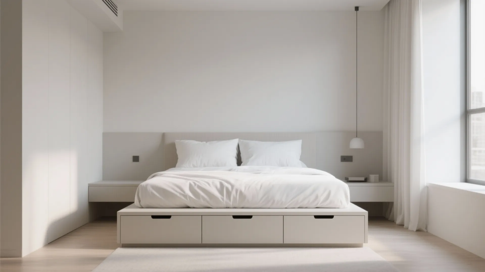 Low platform bed with storage drawers in minimalist style