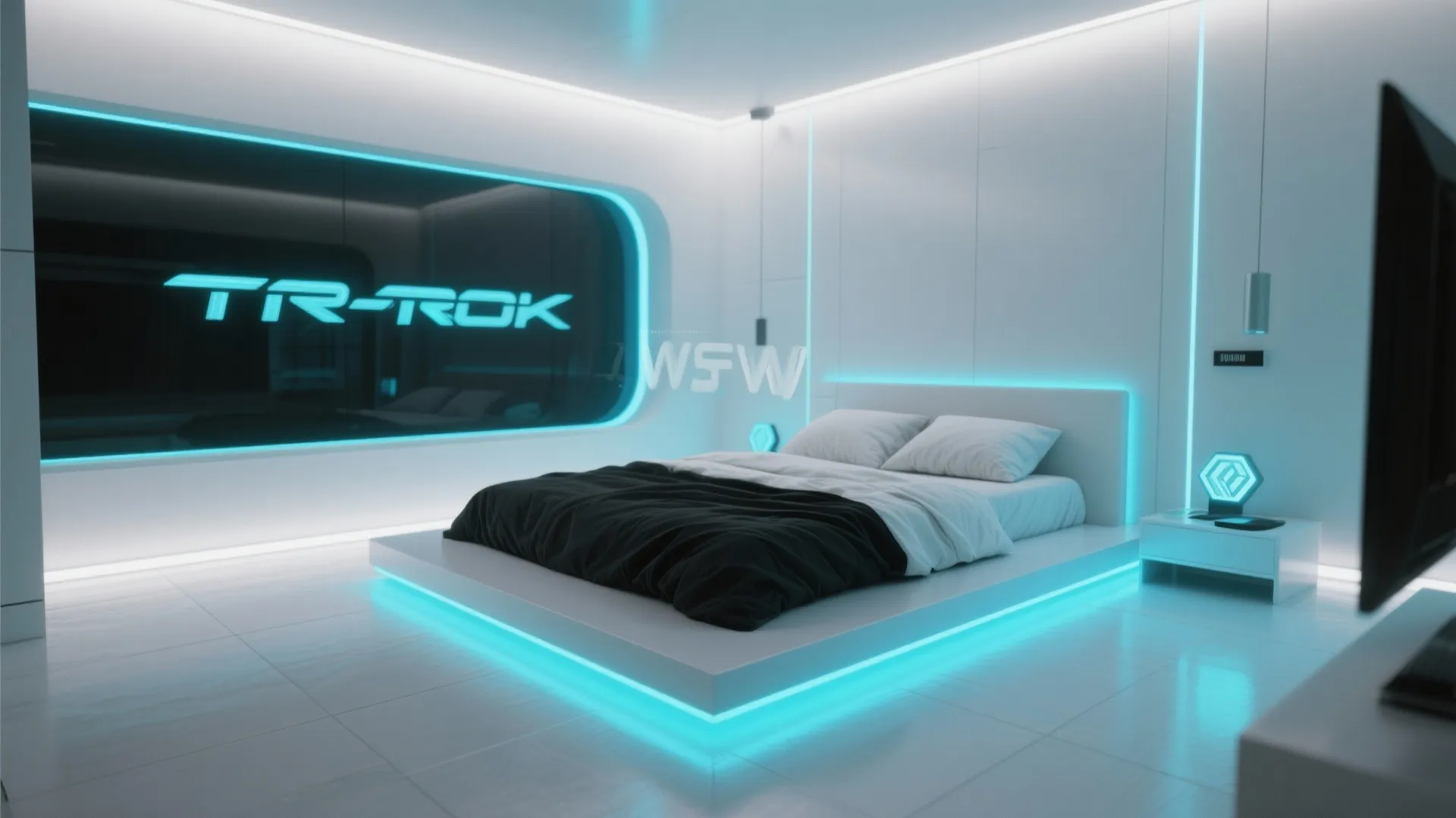 Modern white bedroom with blue neon light strips on the walls and around the bed