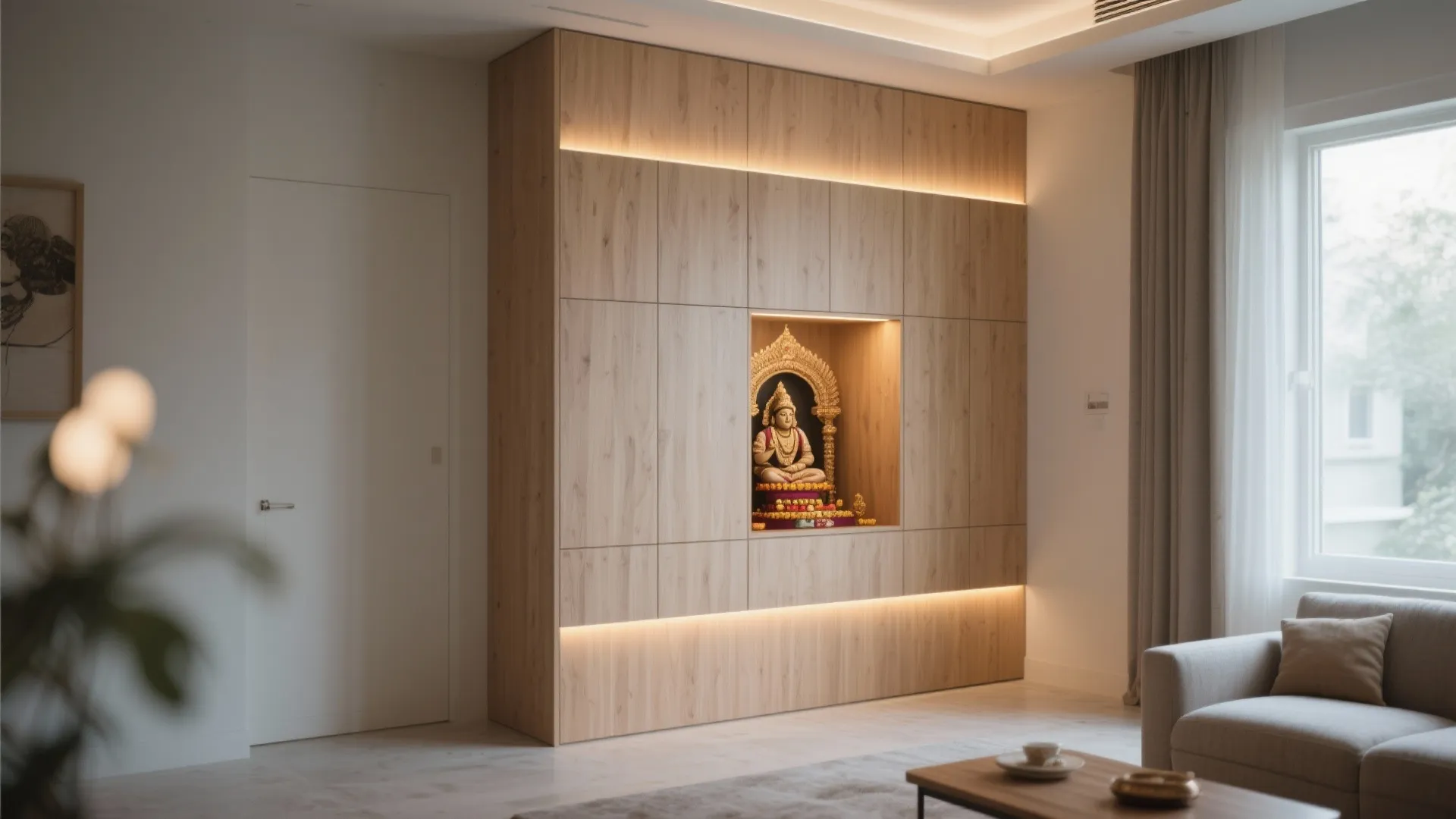 Modern living room featuring large wood wall panels with built in lighting and sofa window