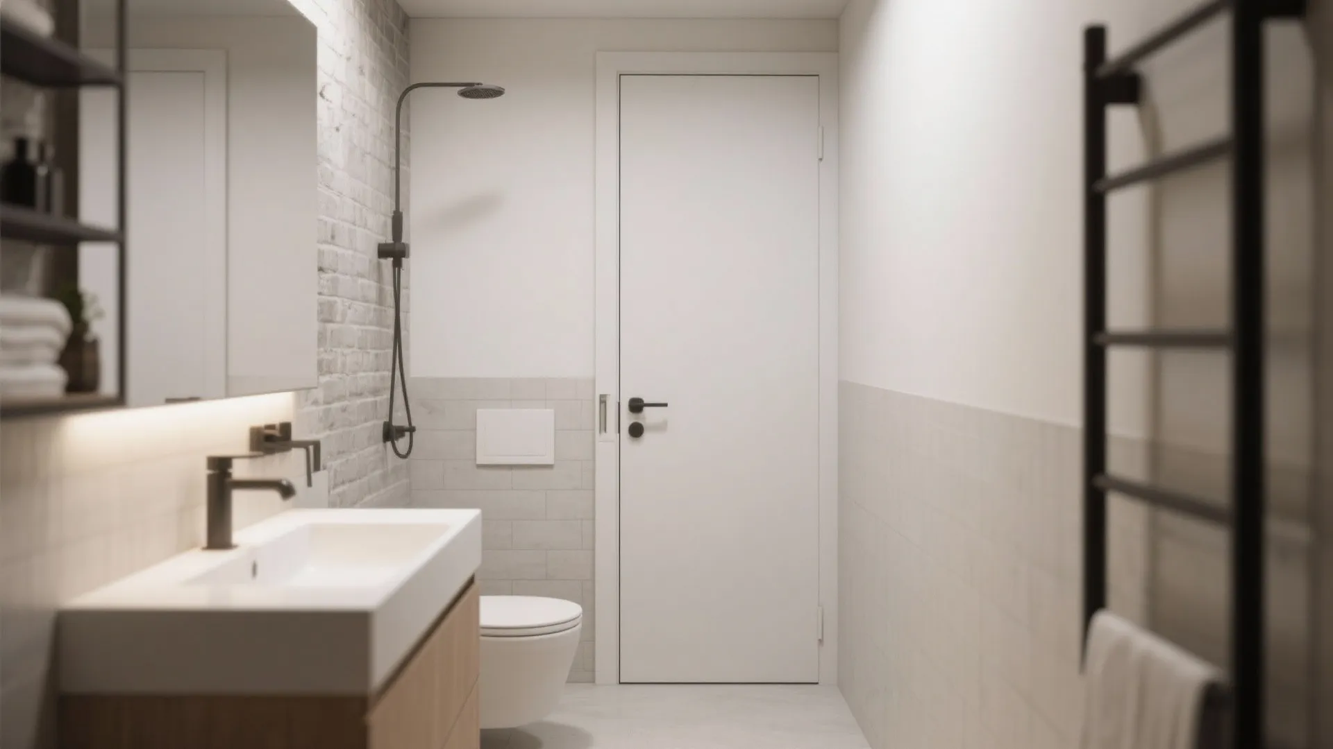 Modern bathroom with white pocket door white sink black shower head toilet and brick wall