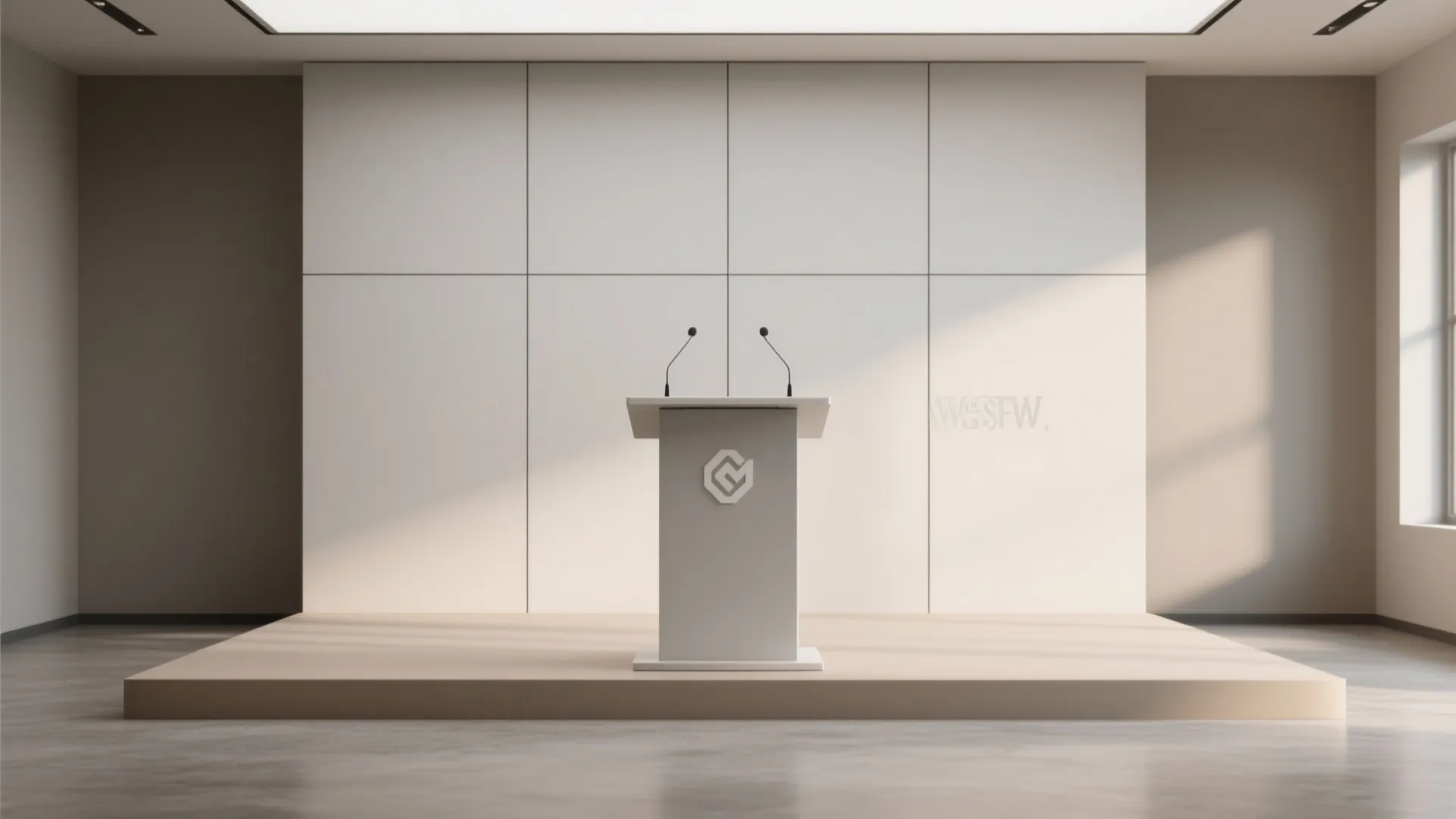 Minimalist white stage with a speech stand and two microphones against a large paneled wall