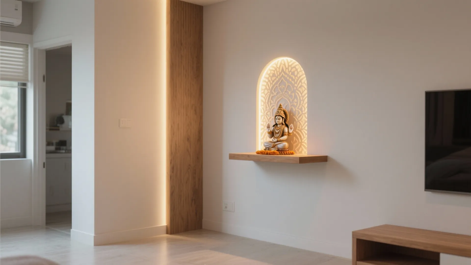 Minimalist wall mounted prayer shelf with gold statue warm light fixture and wooden wall panel