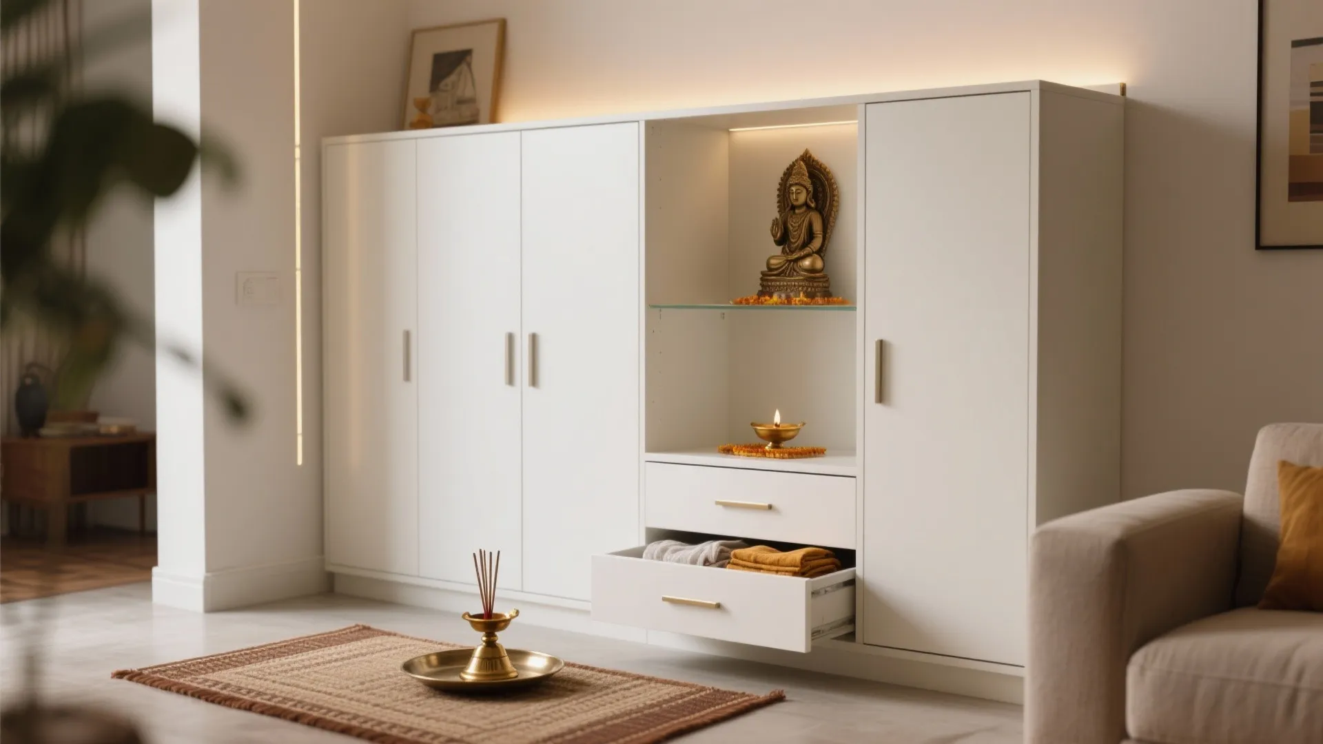 Minimalist Pooja Storage with Clean Lines