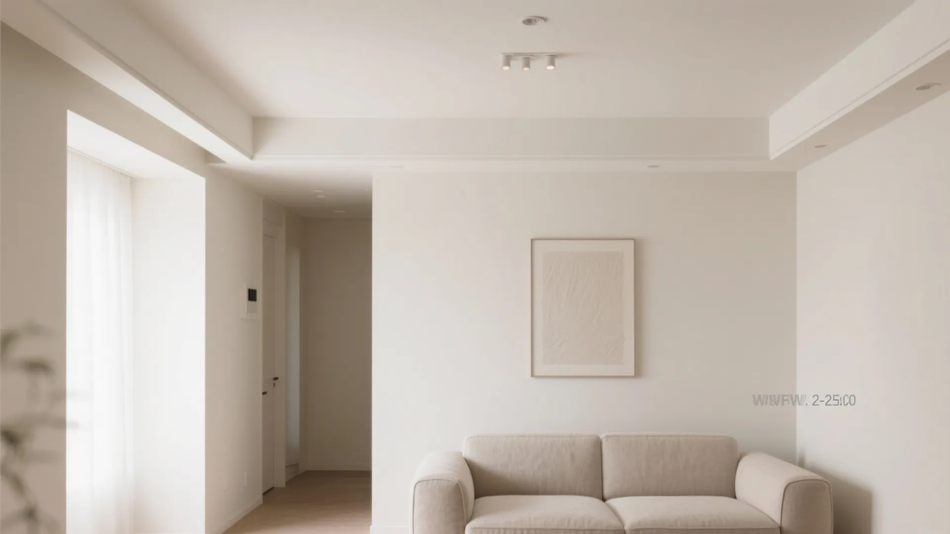 Minimalist living room with a beige sofa, framed wall art, ceiling light, and window curtains