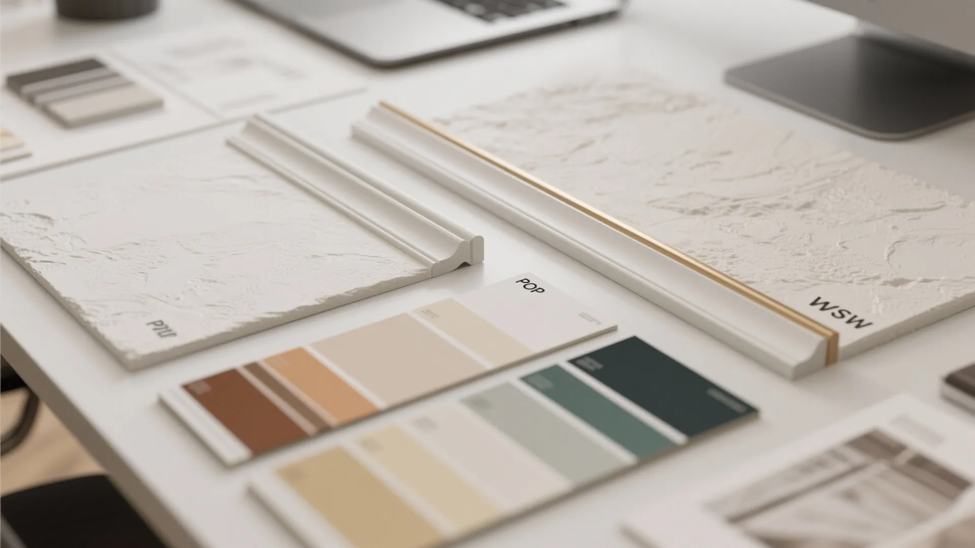 Interior design materials including color palettes wall panel samples and moldings on a white desk
