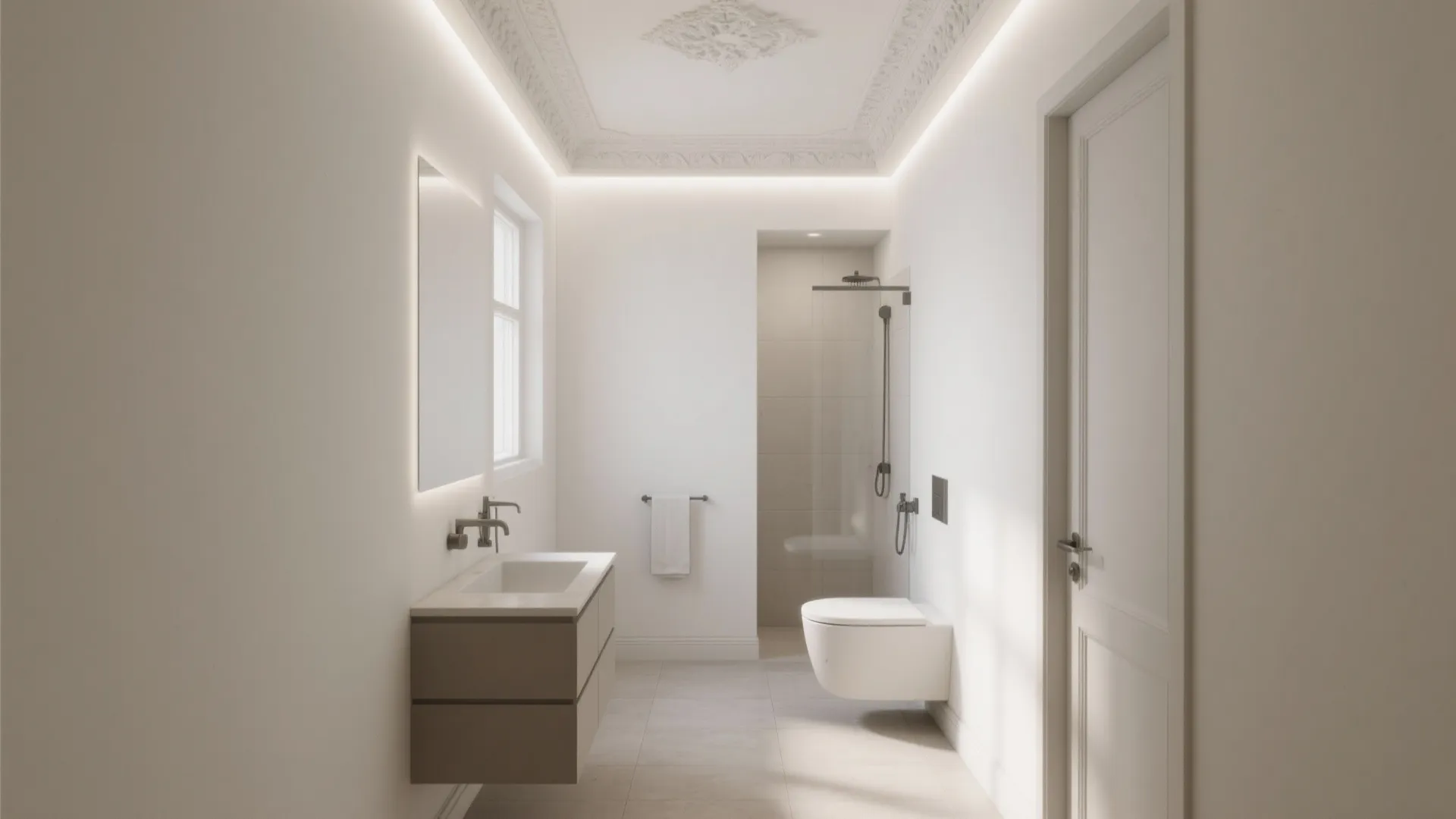 Minimalist white bathroom with sink, toilet, shower, and decorative ceiling molding with bright integrated lighting