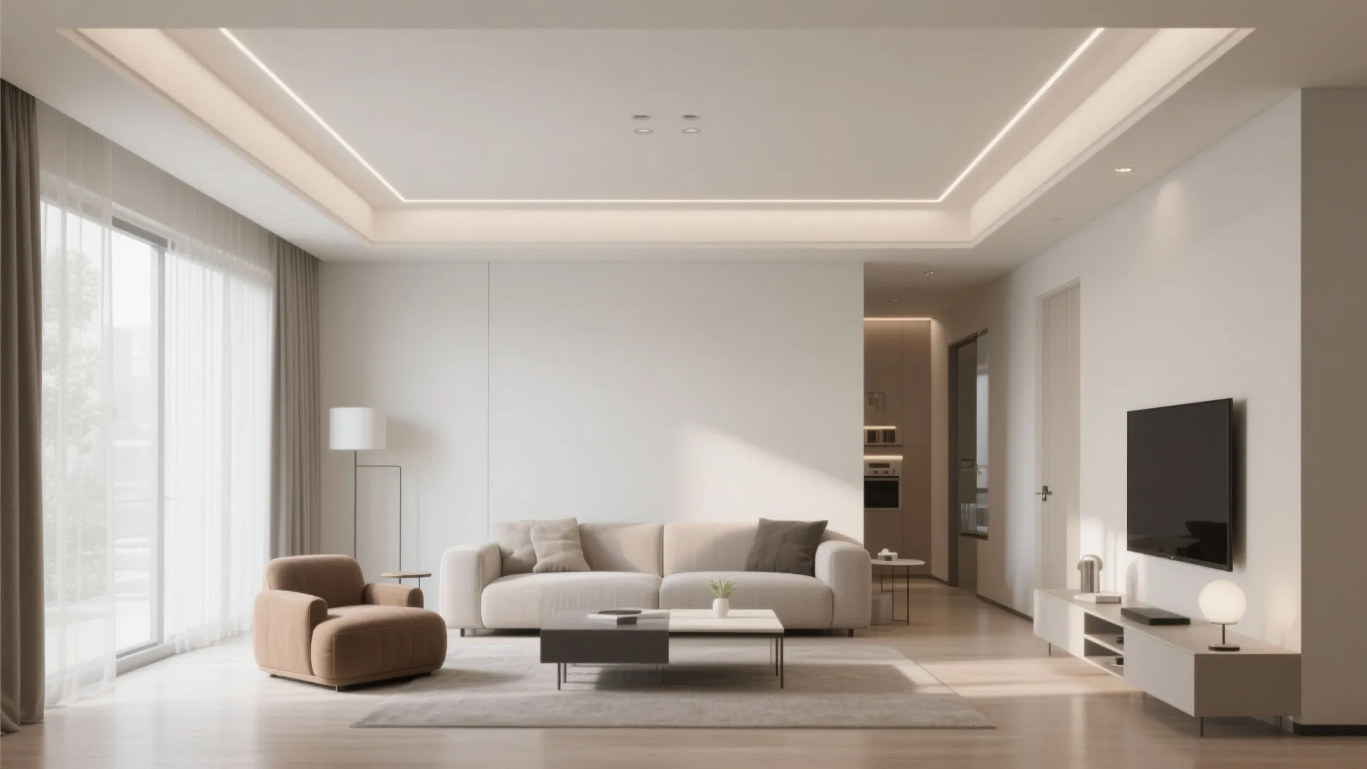 Minimalist white living room showing a simple tray ceiling with hidden light strips and sofa
