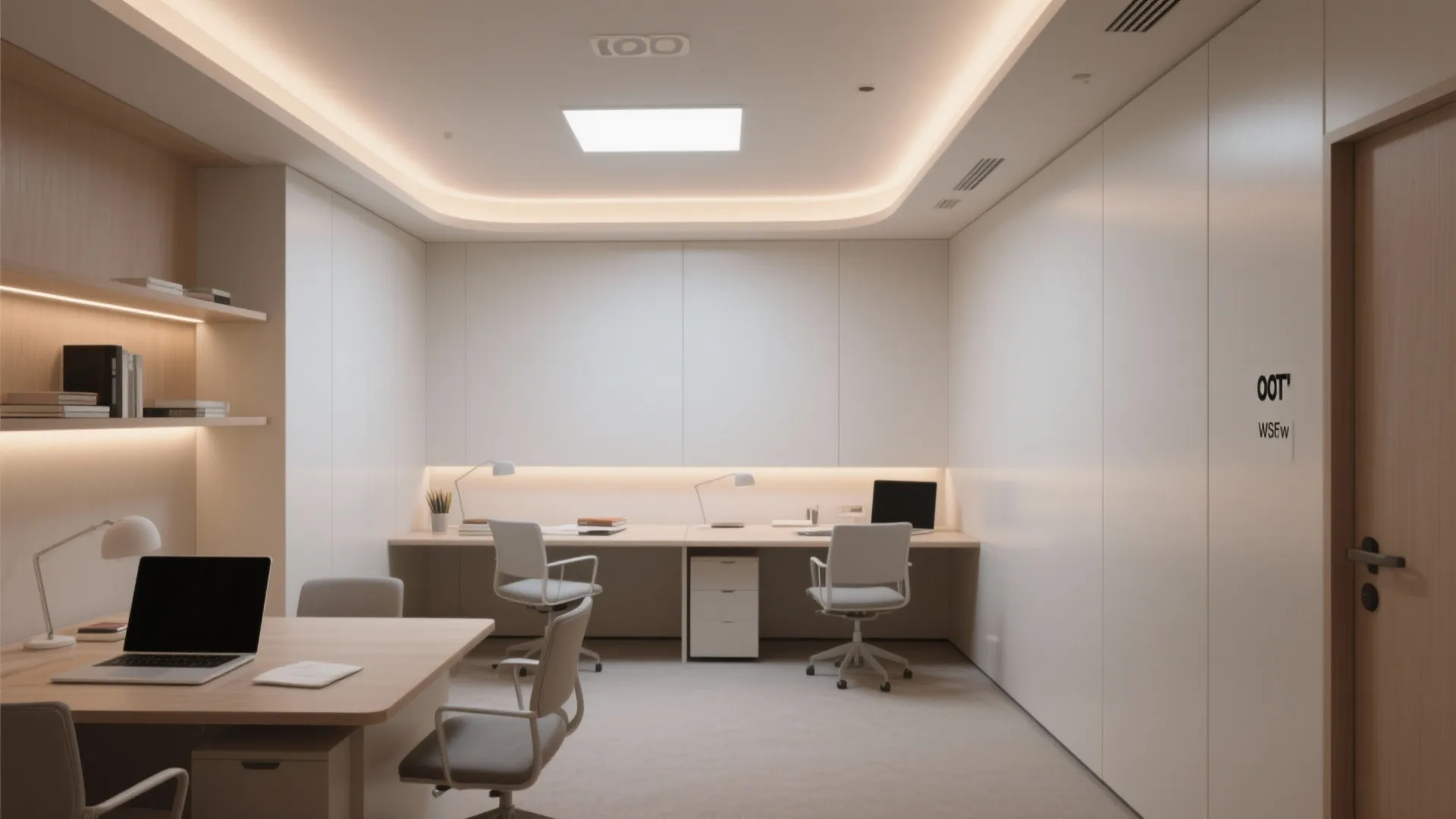 Modern shared office space with multiple white desks chairs computers and bright recessed led ceiling