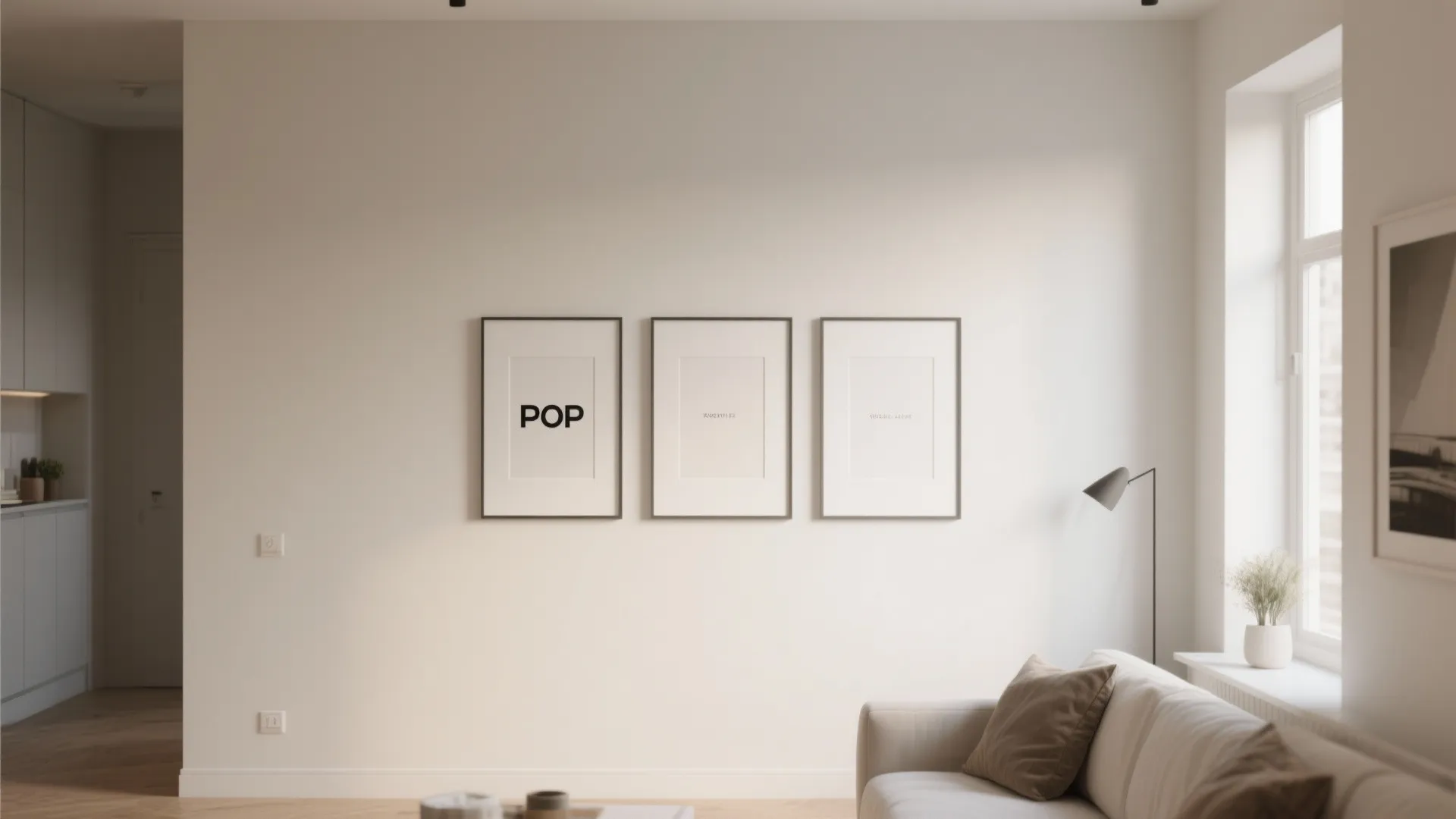 Three simple framed artworks hanging on a white wall in a minimalist bright living room