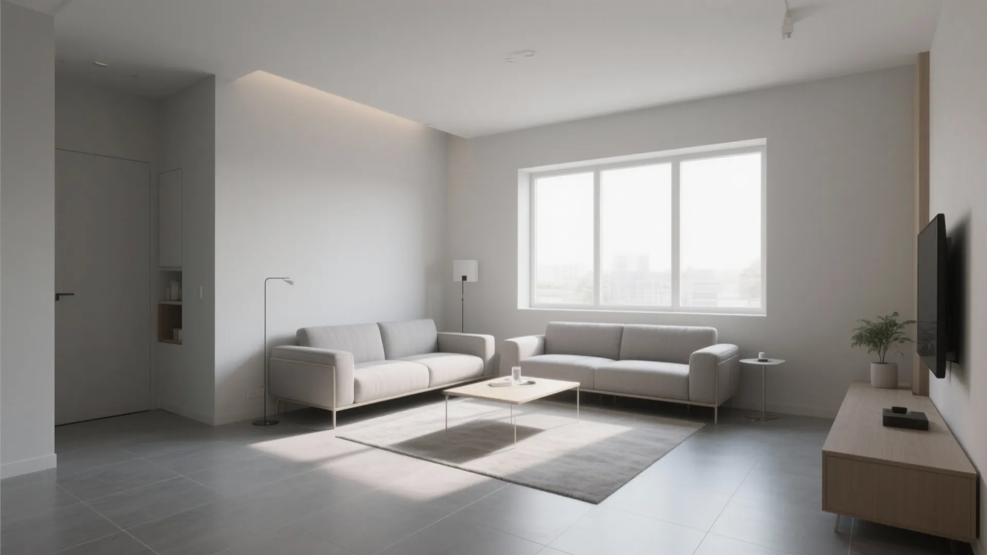 Minimalist white living room with grey sofas wooden coffee table grey floor tiles and natural light