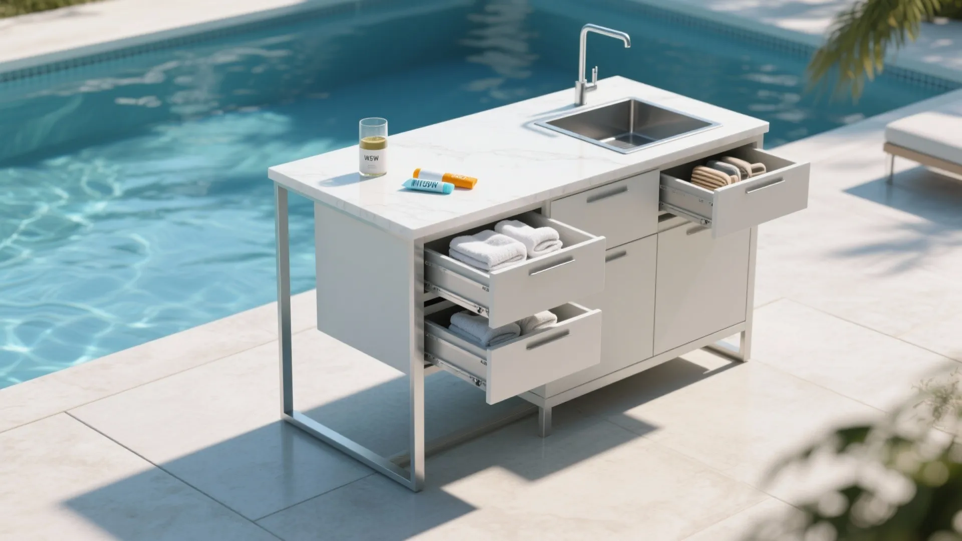 Slim minimalist prep island with waterproof drawers and powder-coated legs by the pool