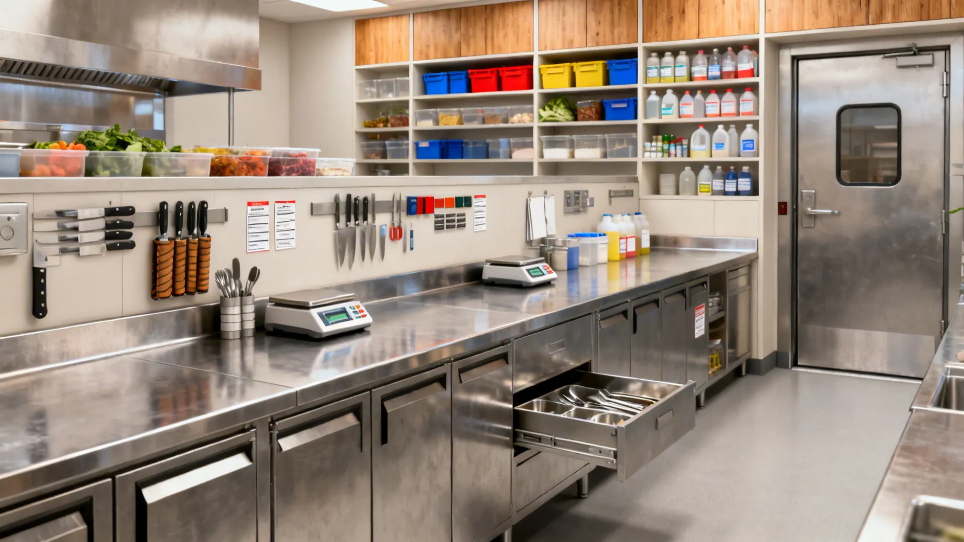 Minimalist restaurant prep line with color-coded bins and centralized dry storage.
