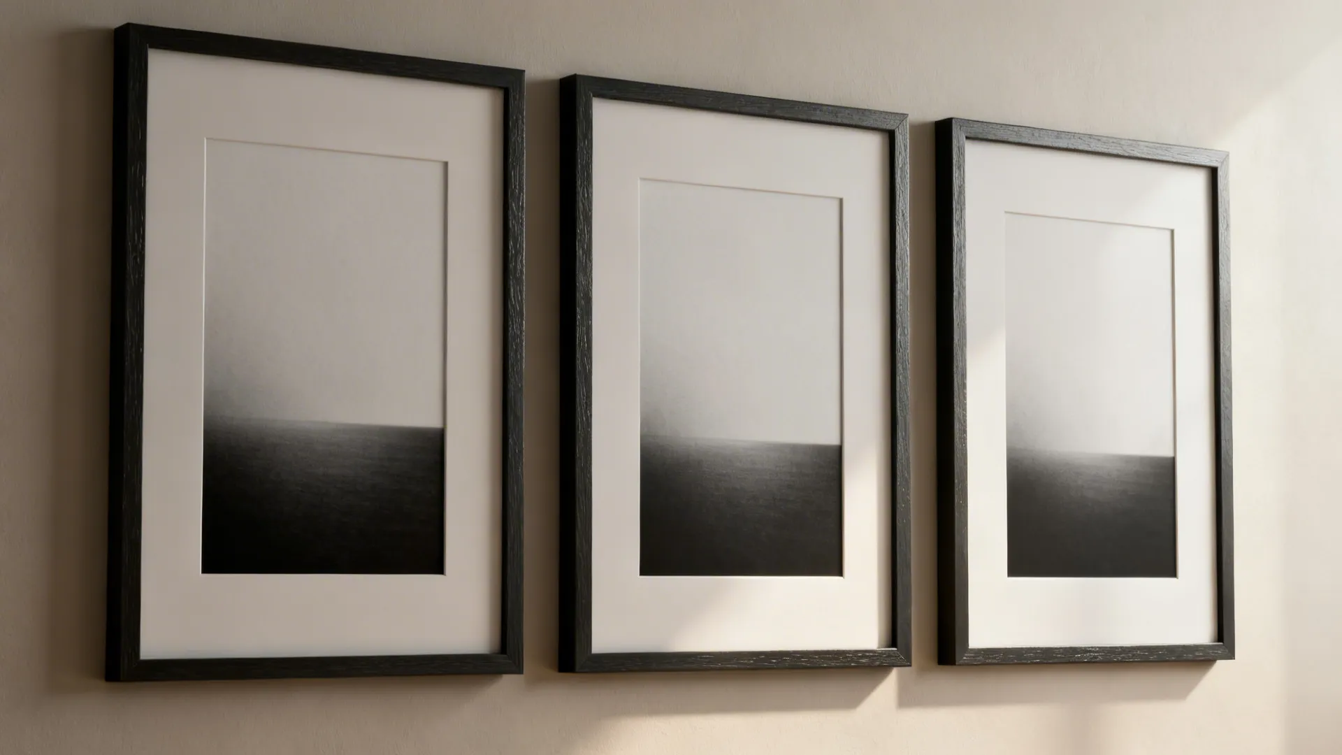 Three black picture frames with minimalist black and white art hanging on a beige wall