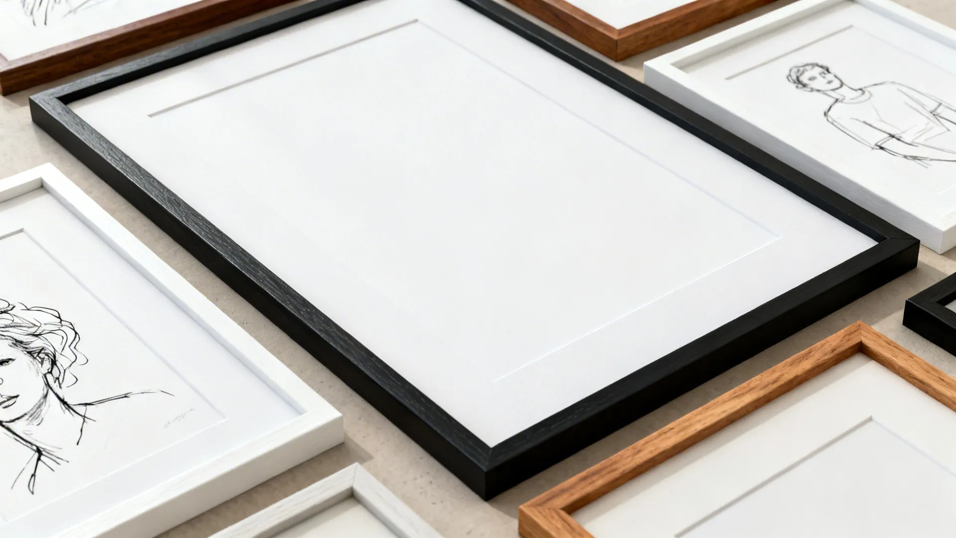 Minimalist assortment of black white and wooden picture frames with simple line art on floor