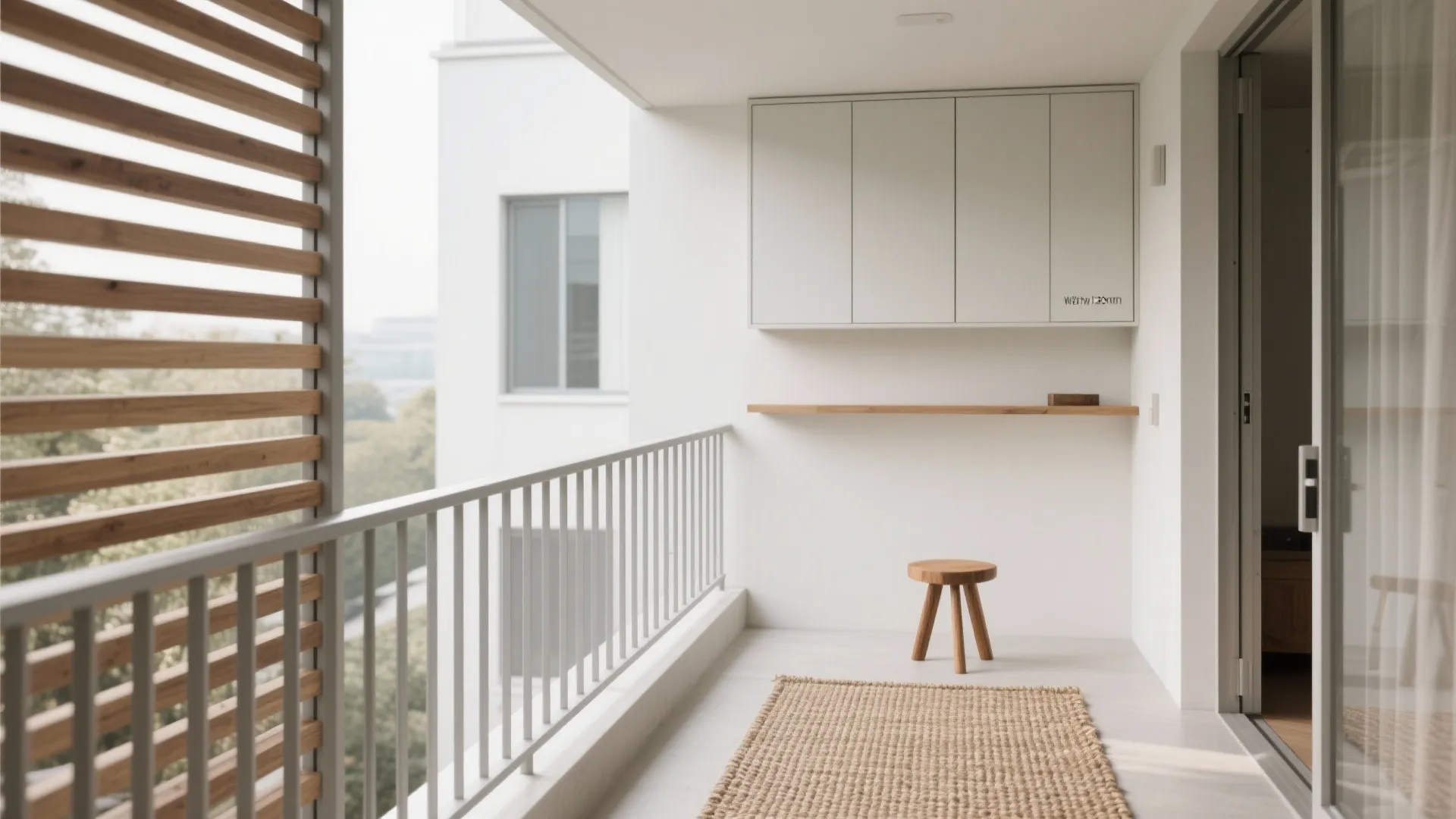 Minimalist white balcony with white storage cabinet small wooden stool brown rug and wooden screen