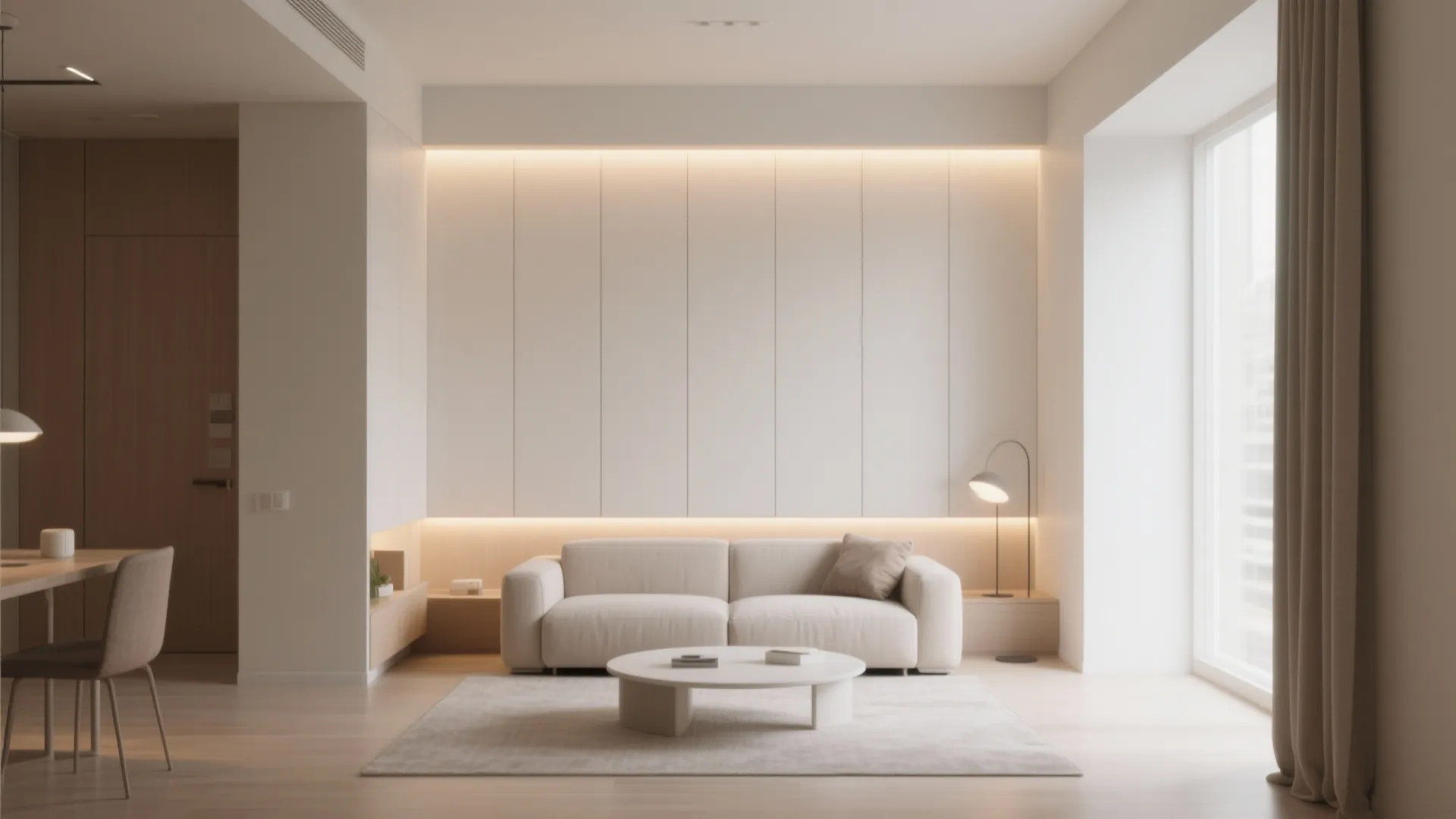 Minimalist living room with white wall panel hidden lighting soft beige sofa and small coffee table