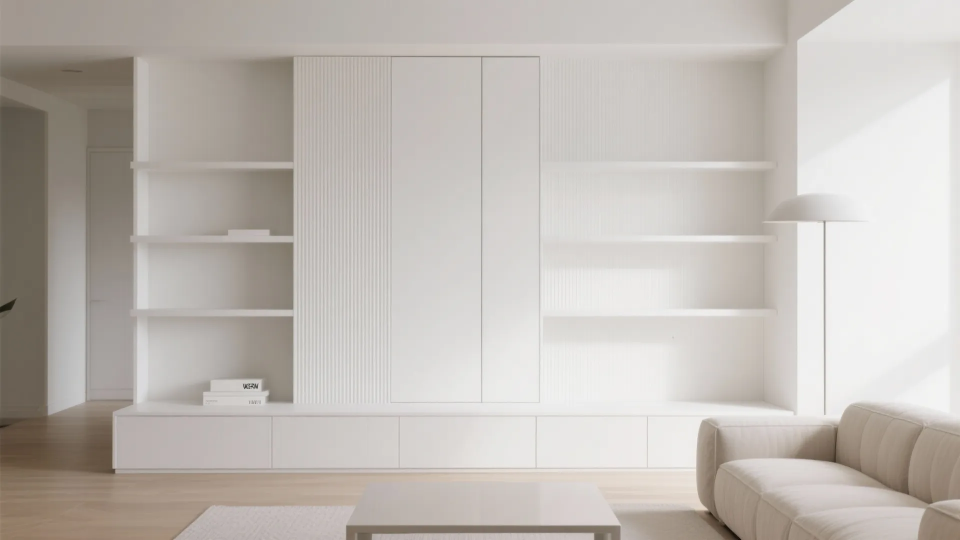 Minimalist white living room with wall panel shelving unit sofa coffee table and floor lamp