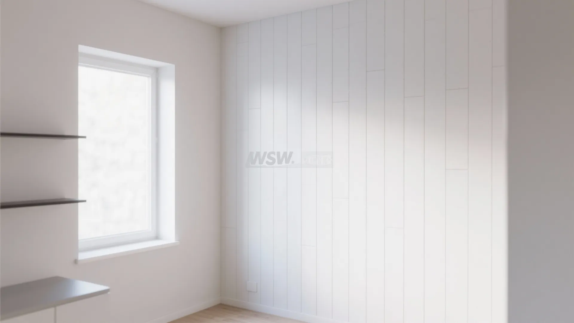 Small studio wall with matte white PVC panels and grooves