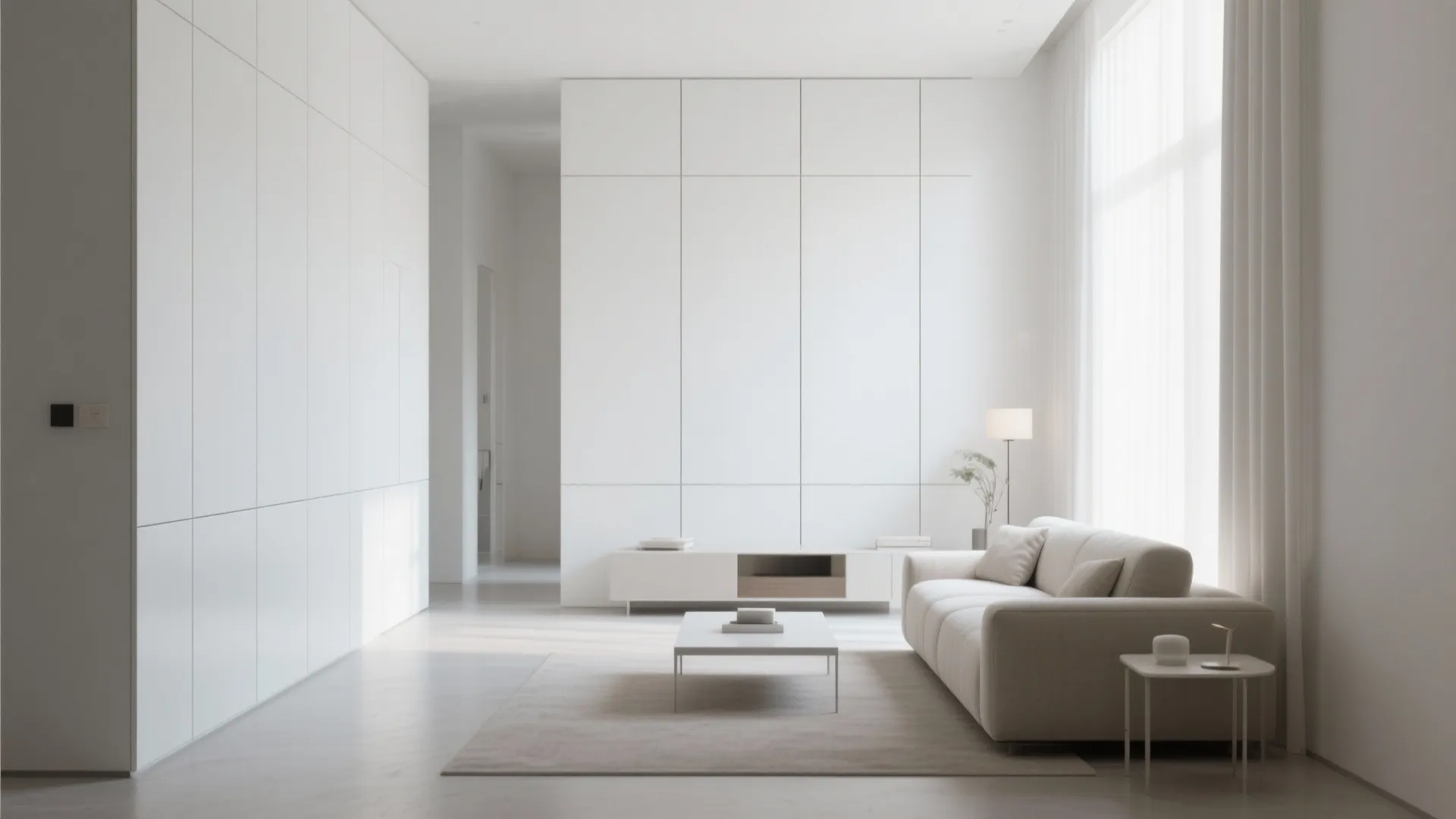 Minimalist white living room with cream sofa low coffee table floor lamp and large wall panels