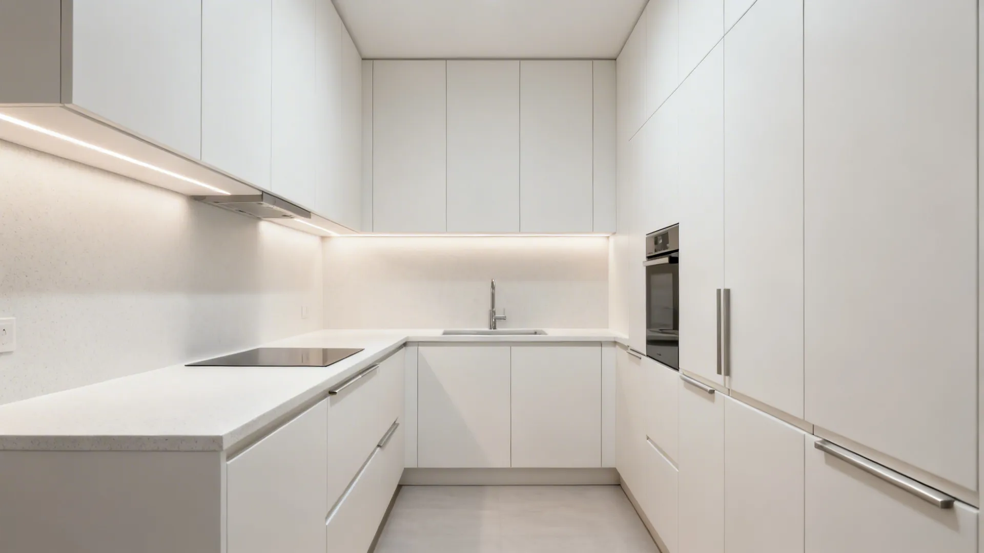 Minimalist galley kitchen with honed white quartz and matte white flat-panel cabinets.