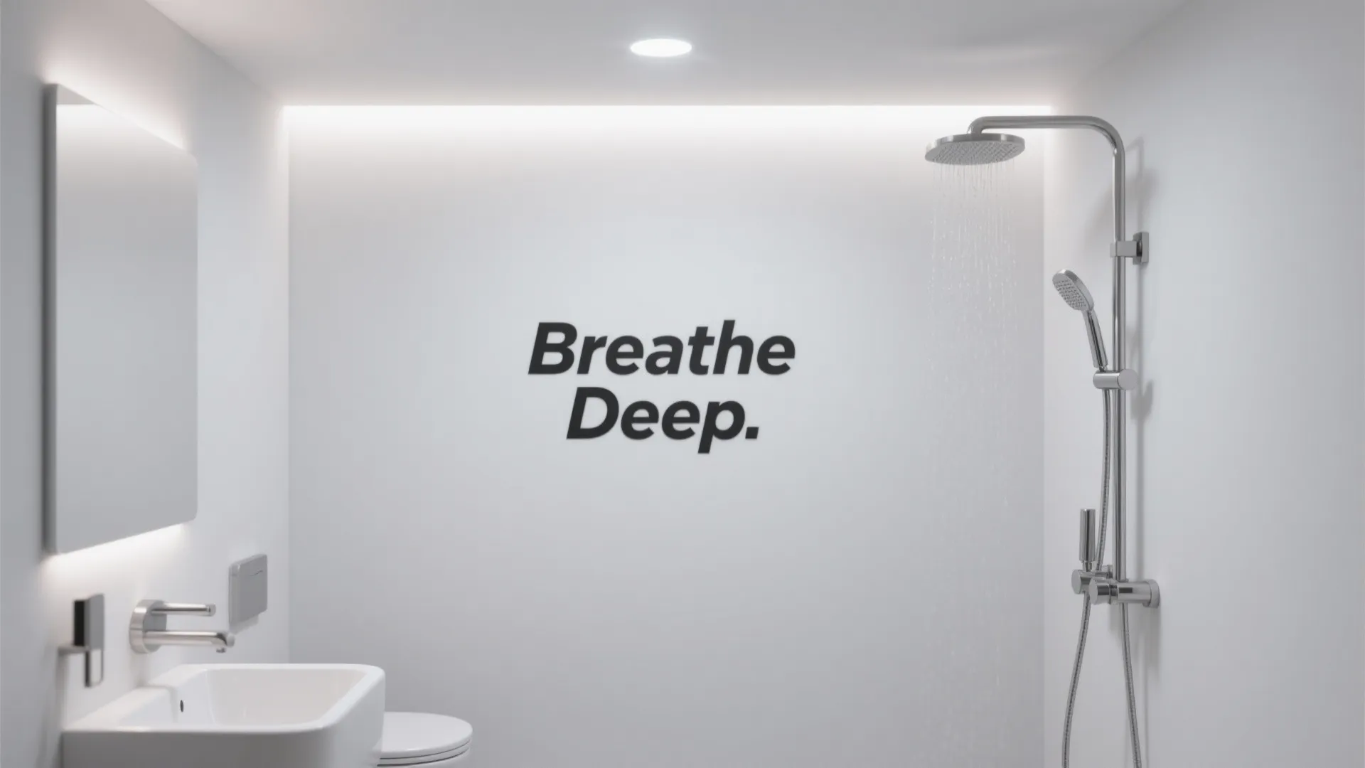 Bathroom shower wall with clean sans-serif quote decal reading 'Breathe Deep'