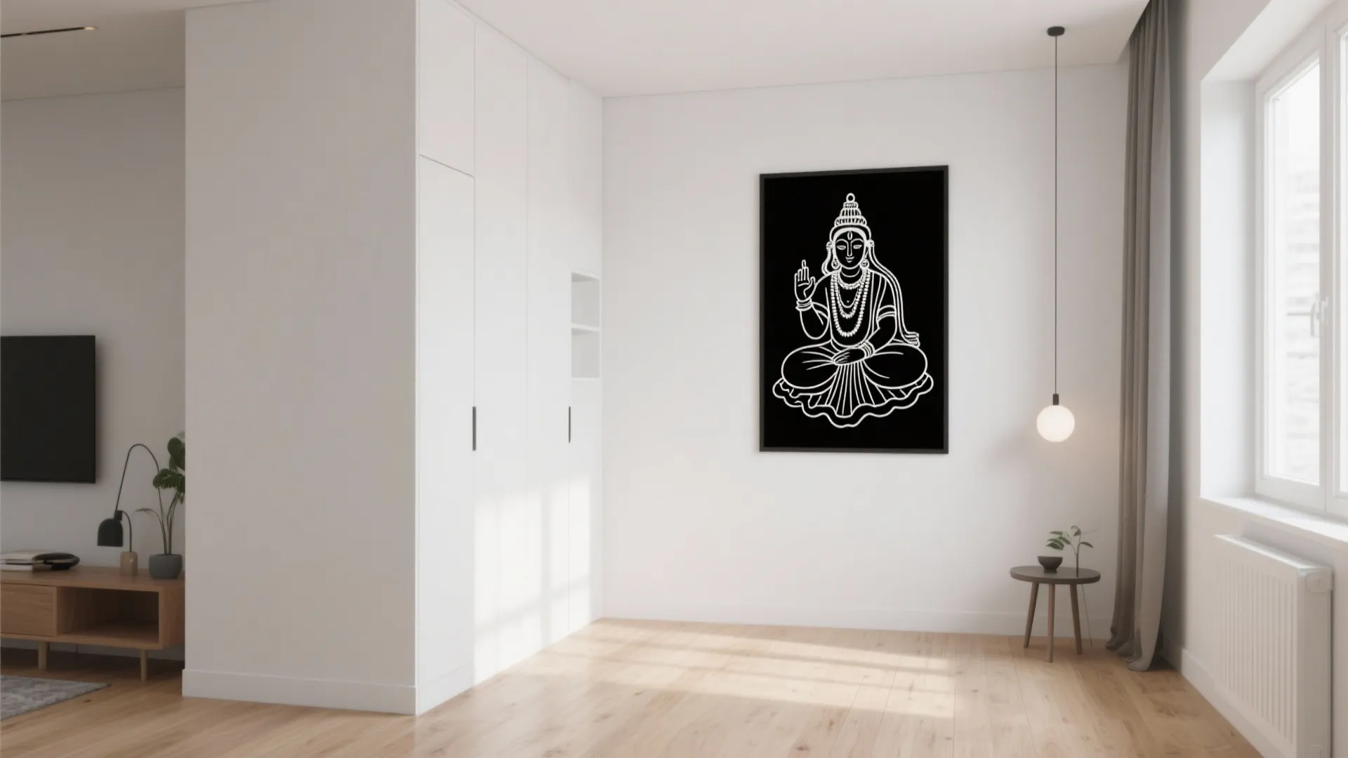 Minimalist white room with wooden floor black and white wall art and a ceiling light