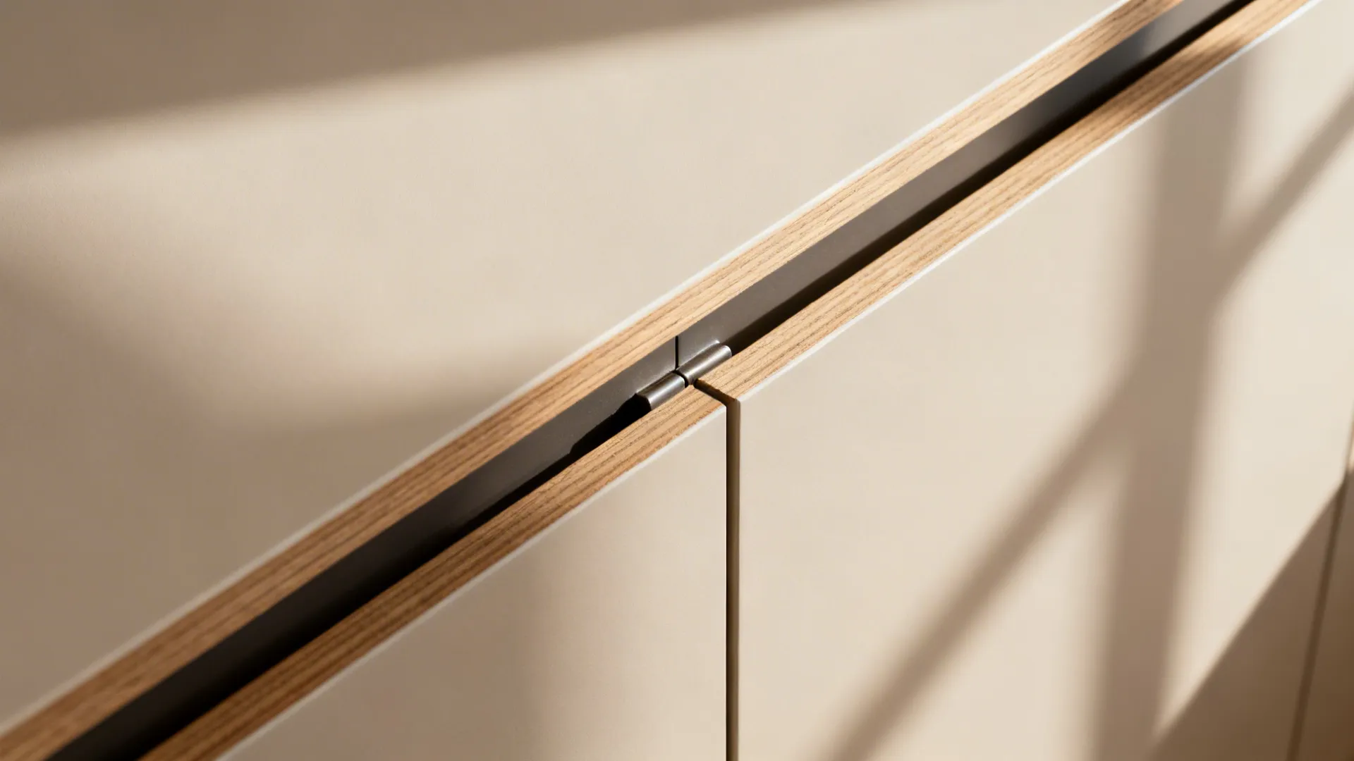 Macro of a handle-less rail with precise reveal on a matte cabinet door.