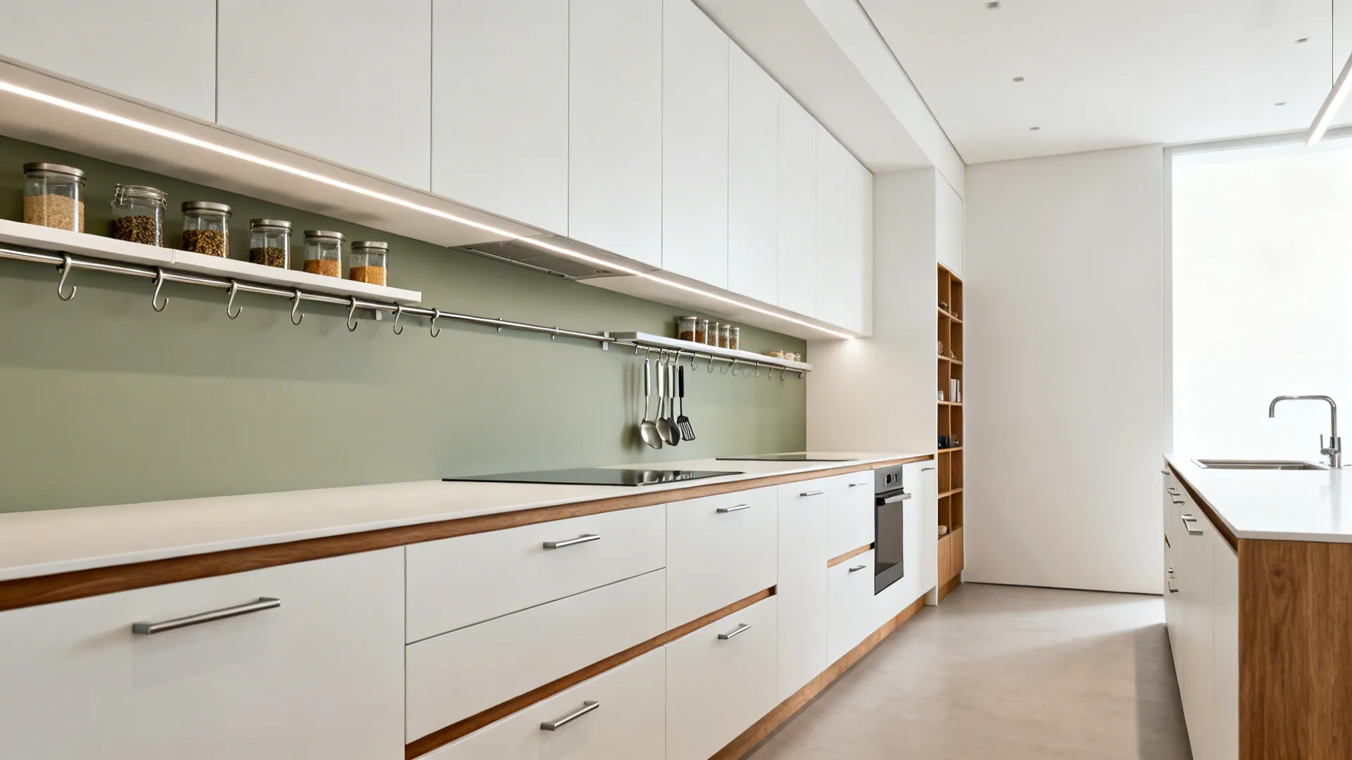 Minimalist galley kitchen with slim uppers, hidden rails, integrated LEDs, and clear counters.