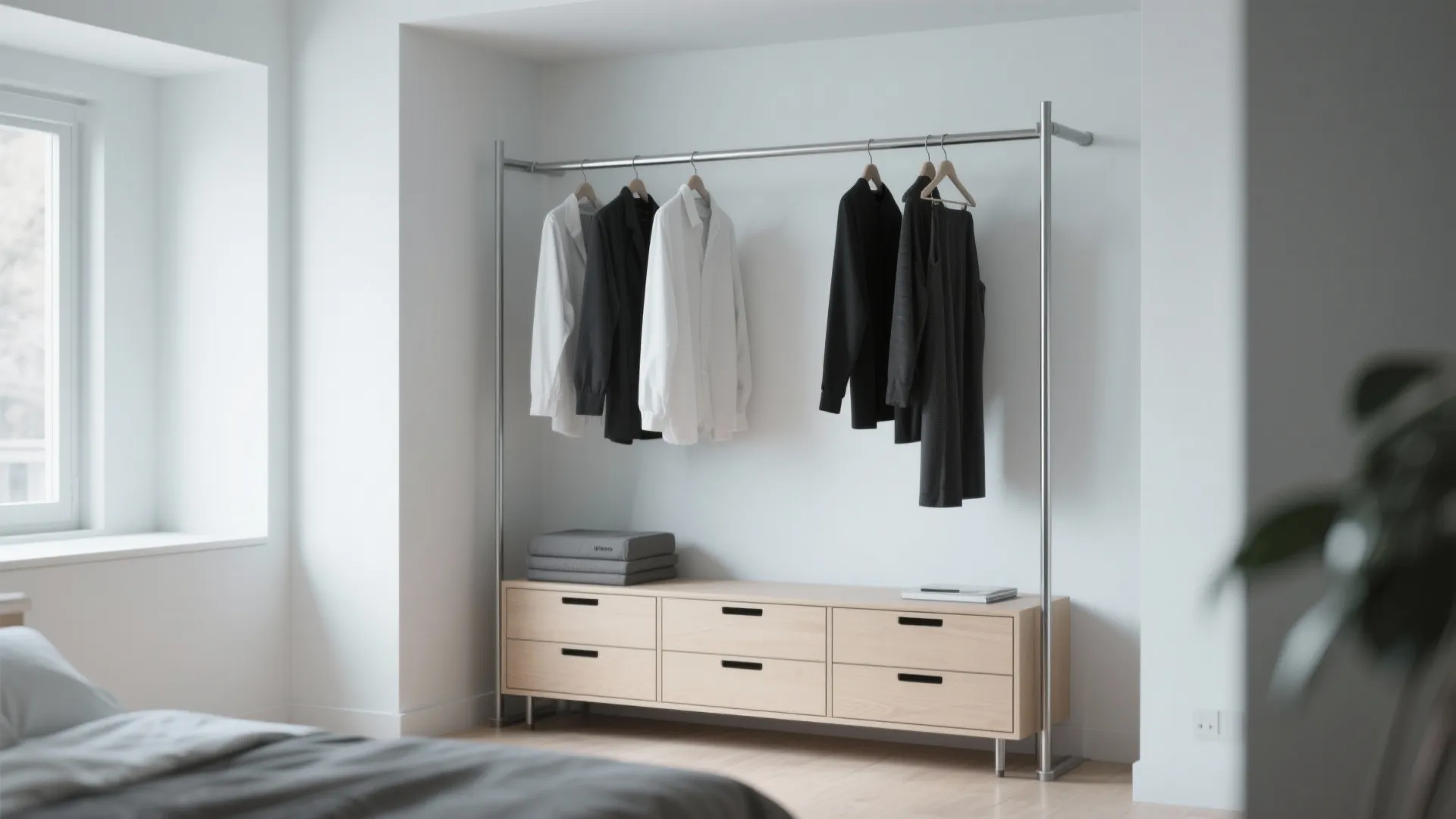 Minimalist metal clothes rail hanging shirts over a light wood cabinet in a bright bedroom