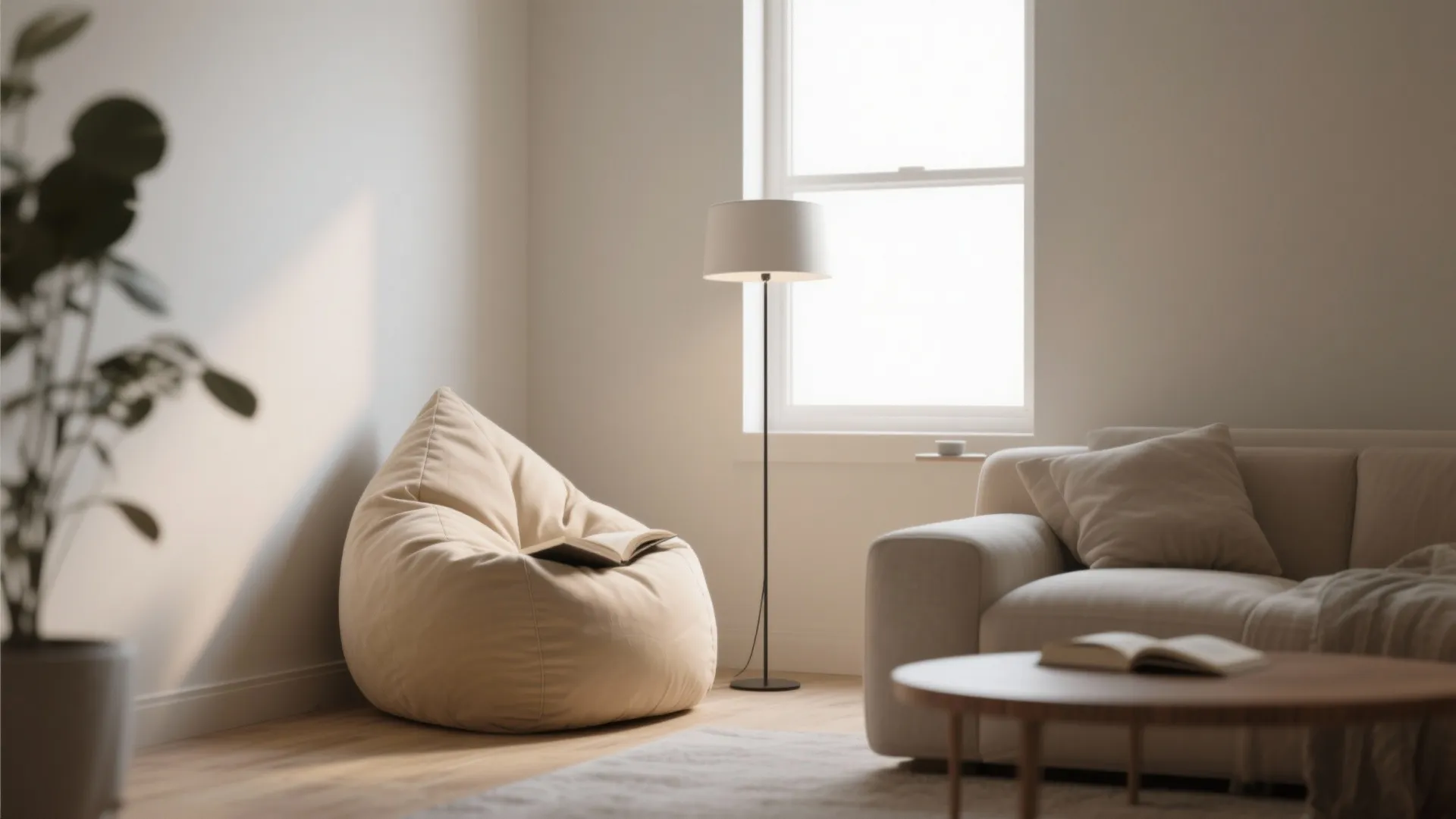 Minimalist living room corner with beige bean bag and floor lamp