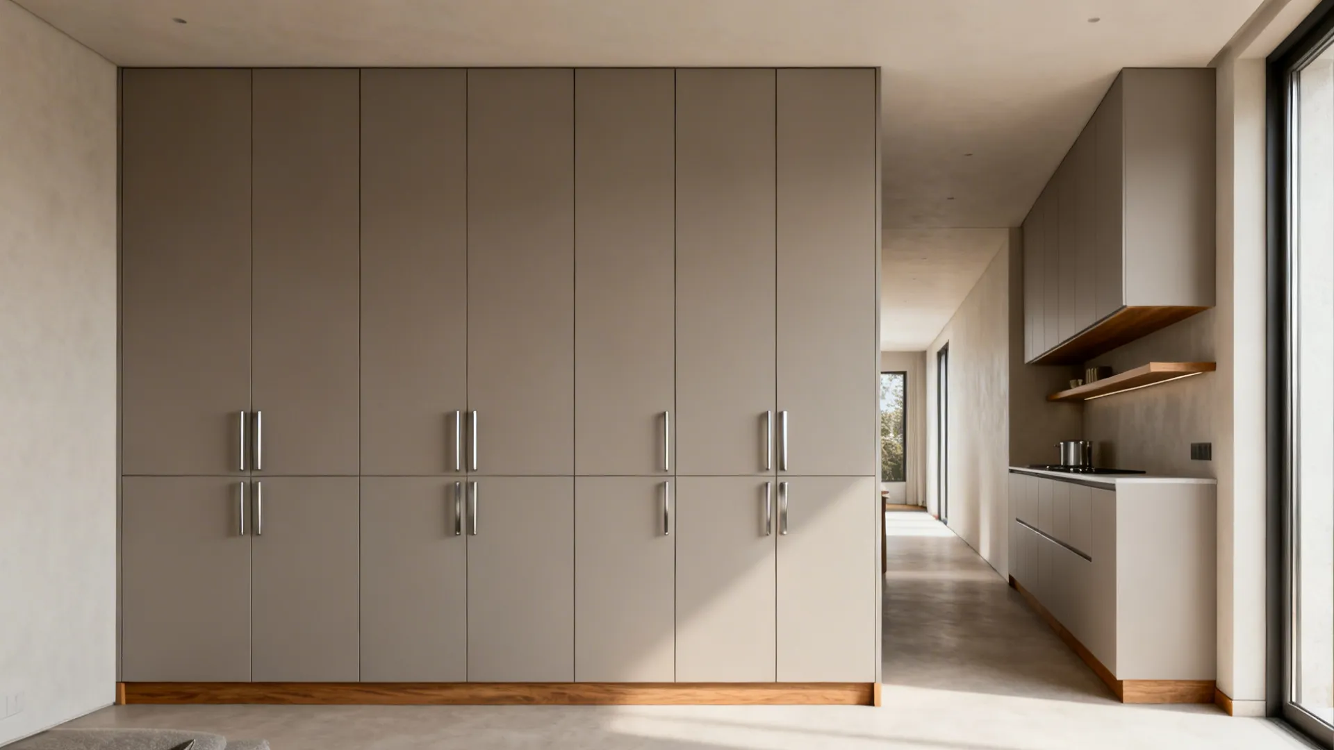 Minimalist full‑height storage wall in a rear kitchen with matte gray fronts.