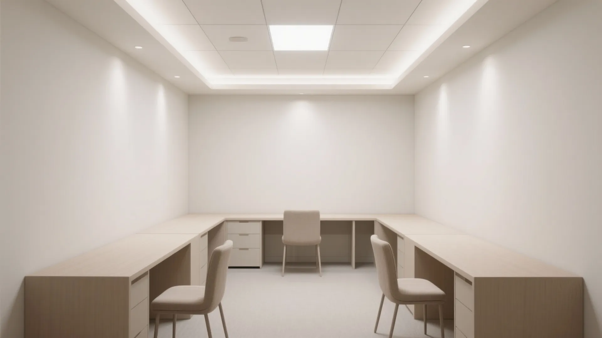Minimalist office room with recessed ceiling lights long wooden desks and three simple beige chairs design