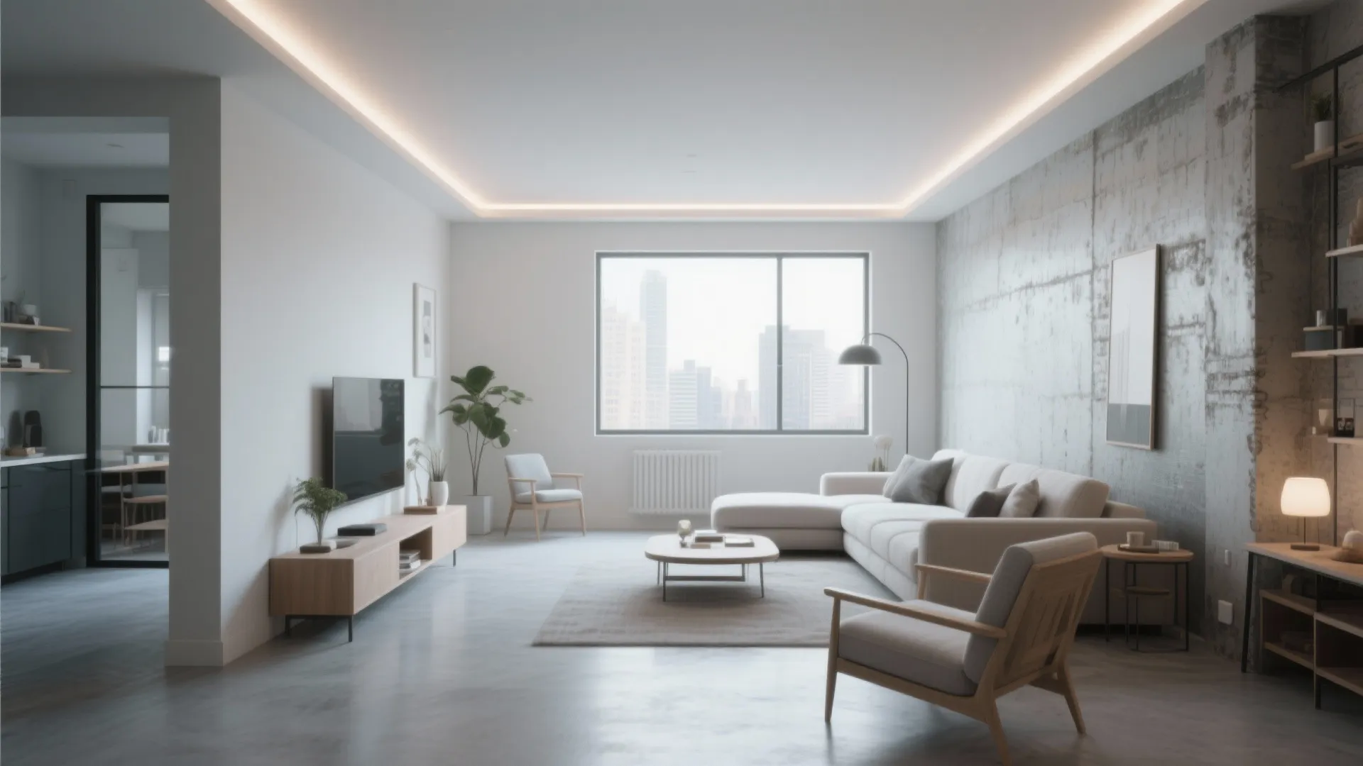 Minimalist living room with grey sofa concrete wall wooden furniture city view and hidden ceiling light