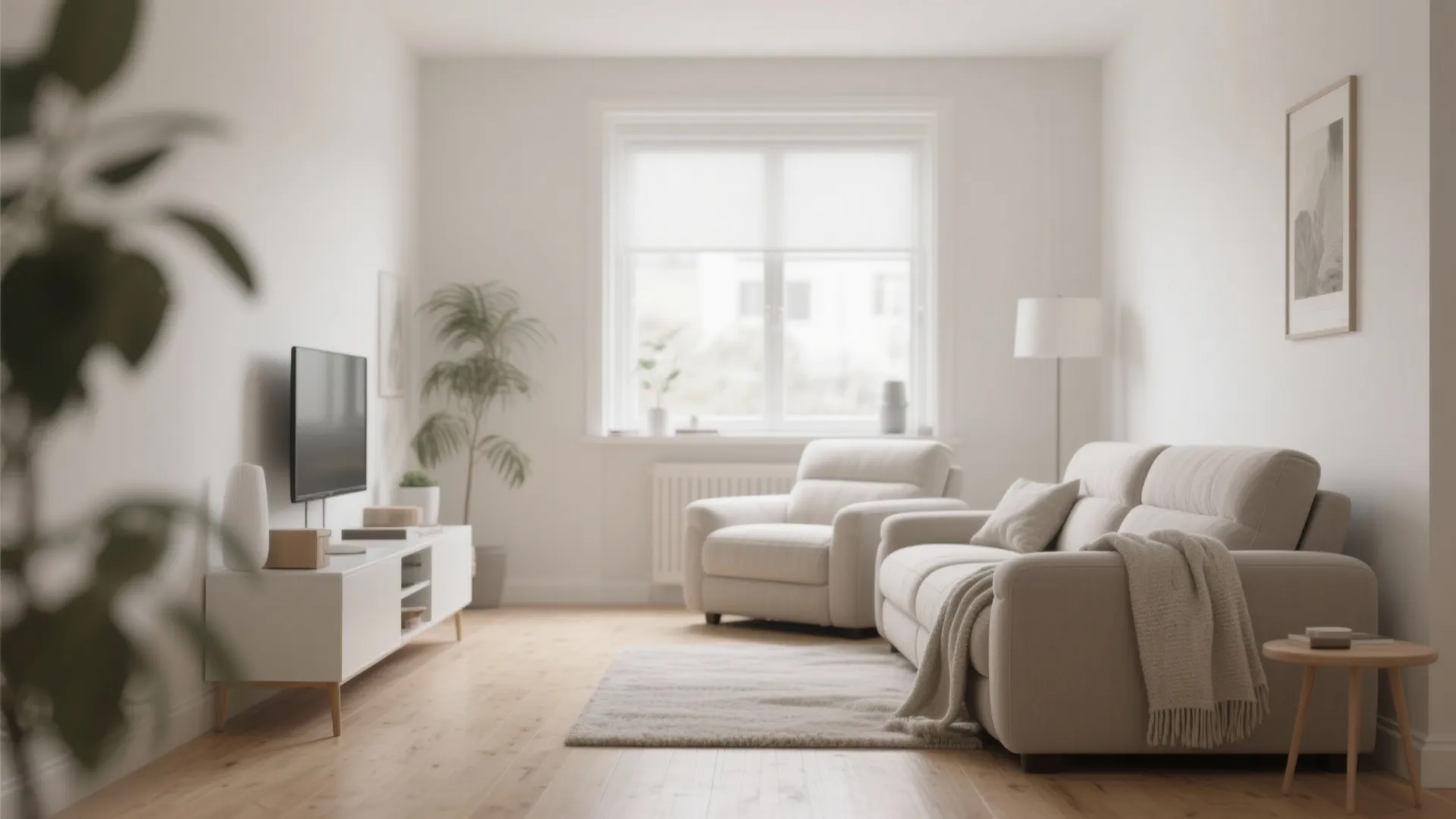 Small minimalist living room with slim neutral recliners