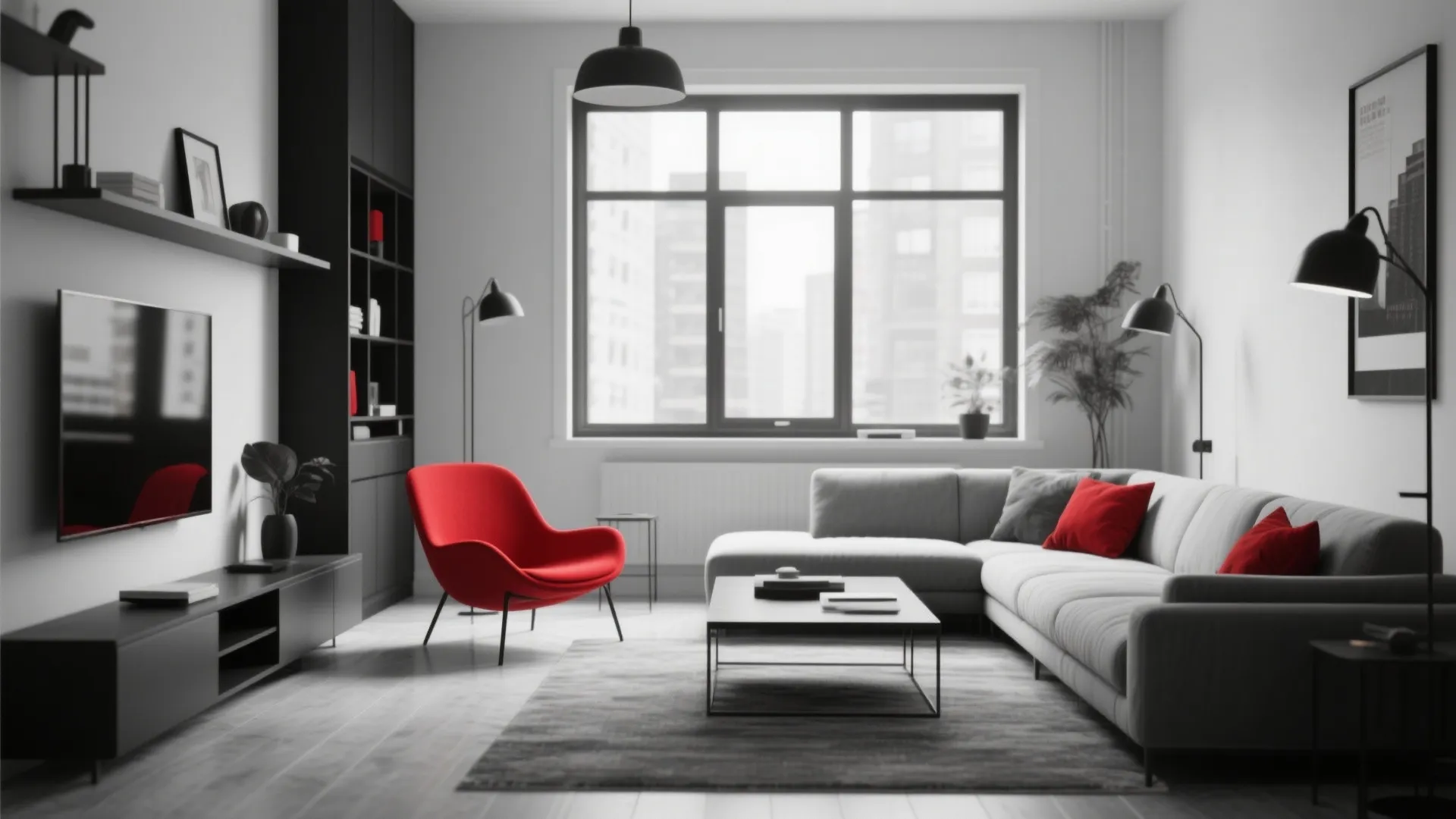 Modern living room with grey sofa red chair coffee table black cabinet and large window