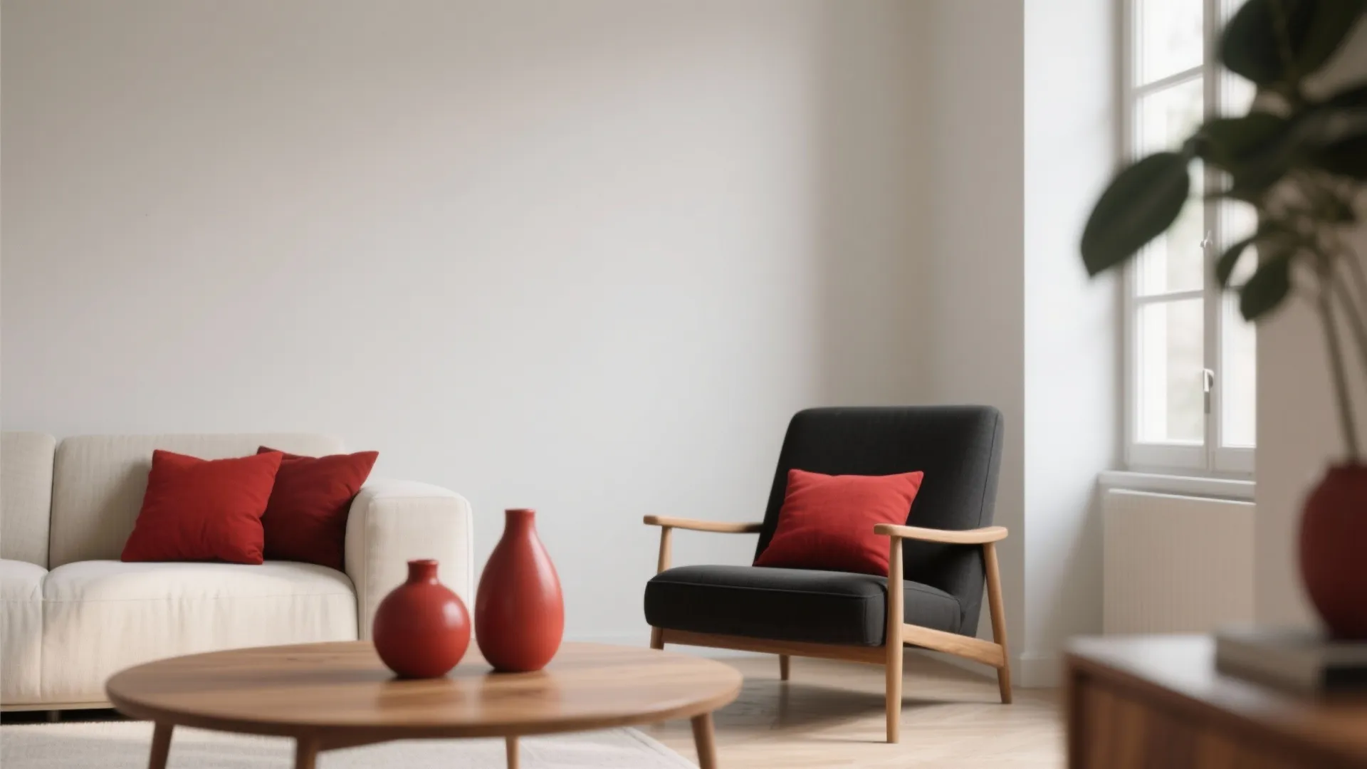 Minimalist living room with white sofa, black armchair, red pillows, wooden table, and red vases