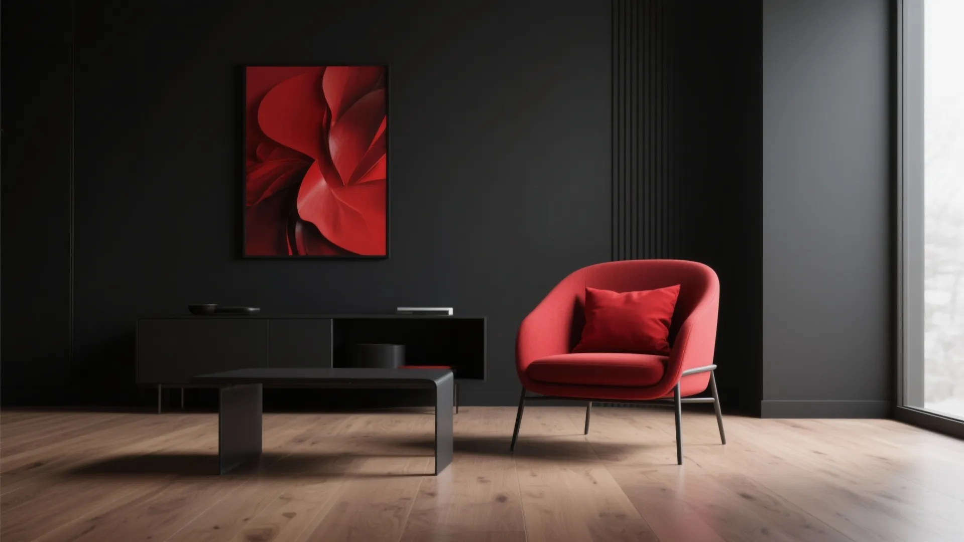 1. Minimalist Red Accents Against Black Walls