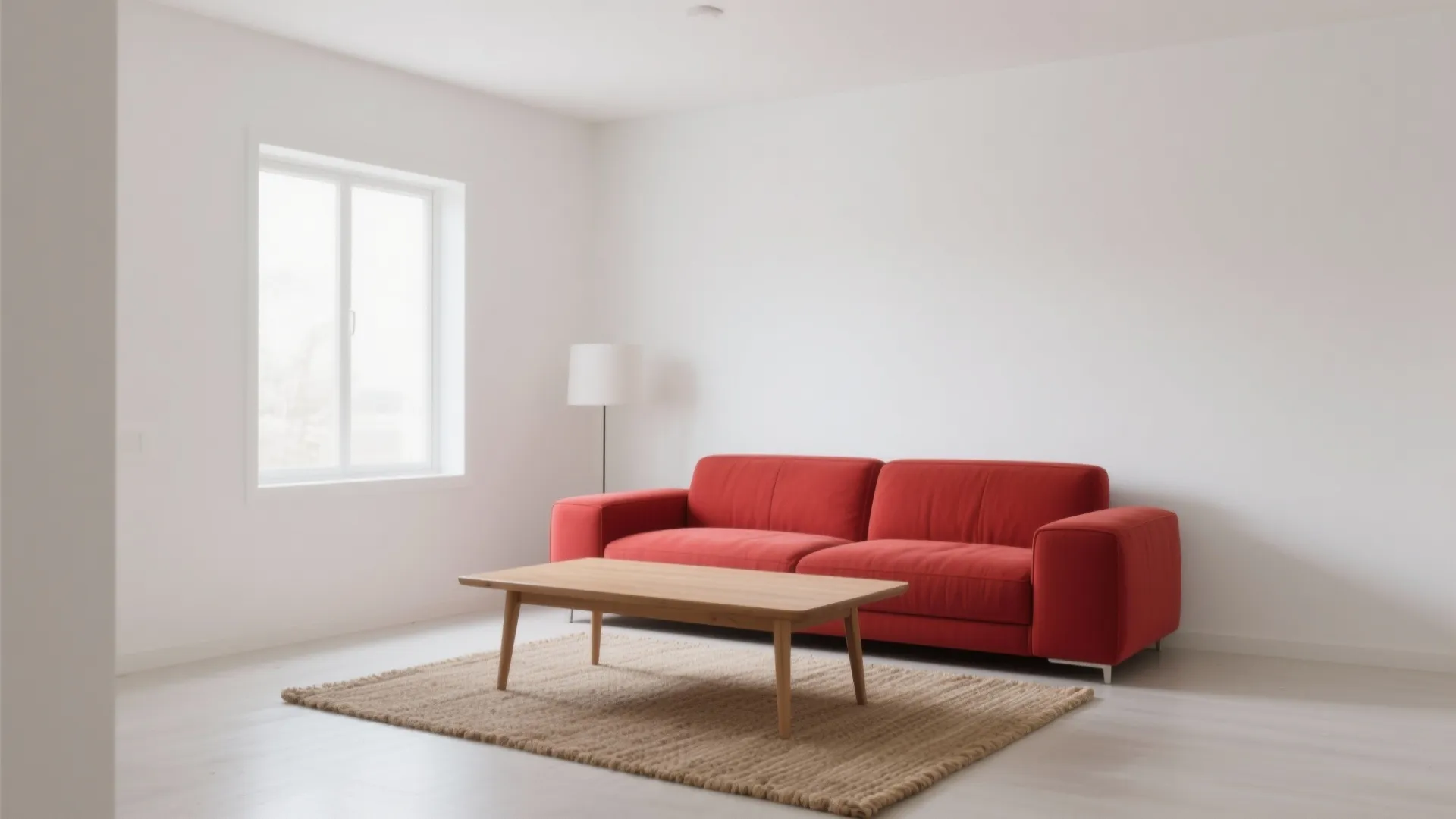Minimalist white living room with red sofa and wood coffee table on large area rug