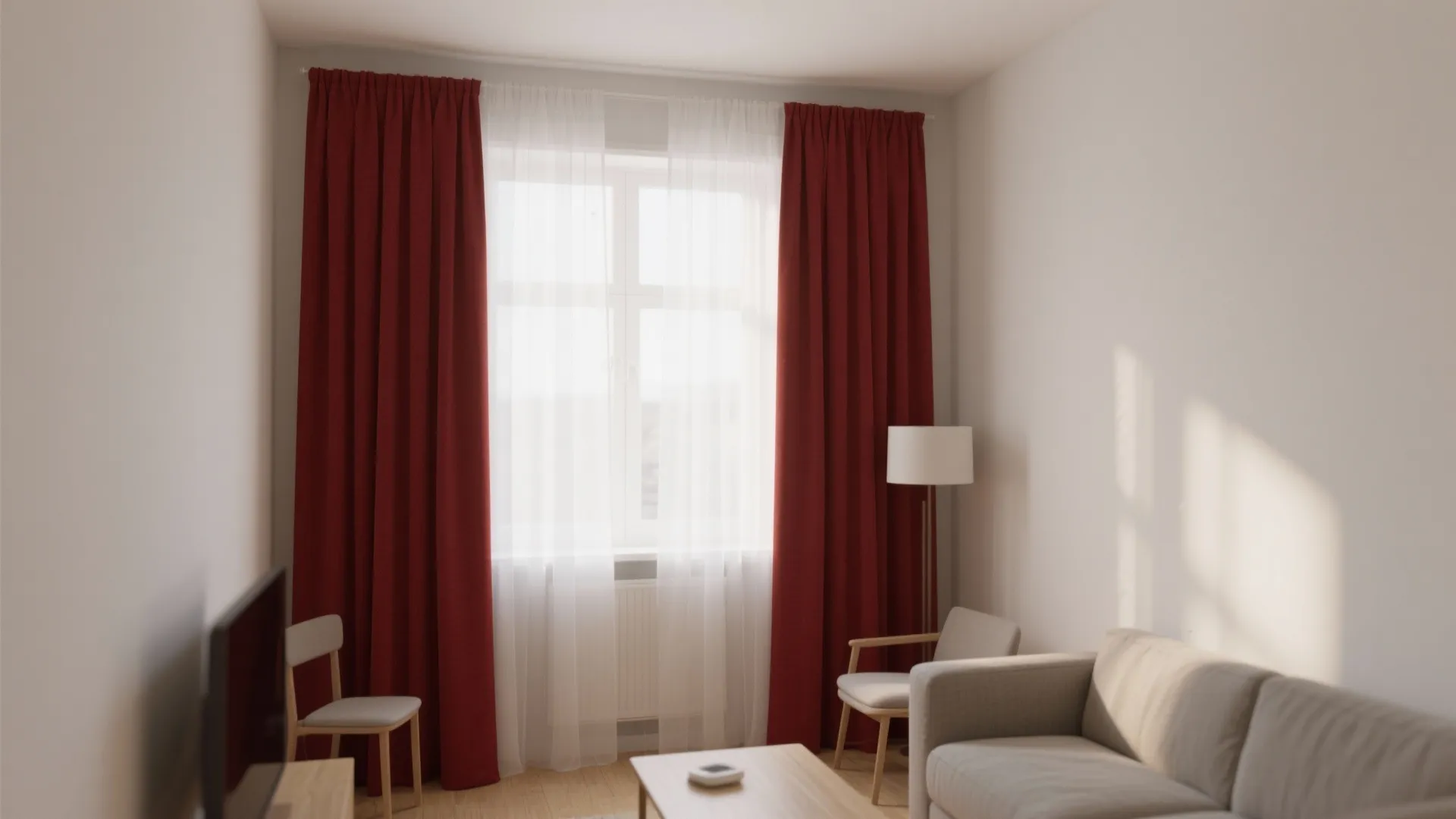1. Minimalist Red Curtain Layers