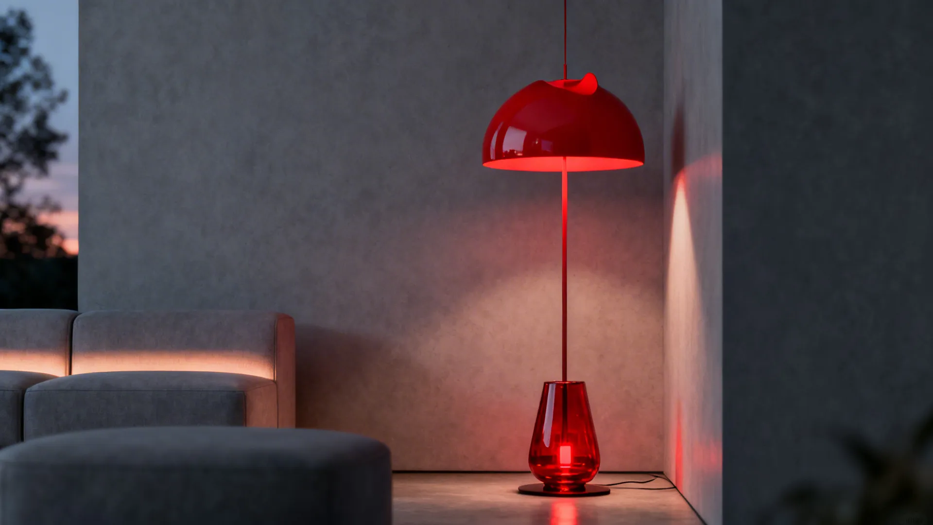 Minimalist grey living room illuminated by a sculptural red pendant and floor lamp creating warm ambiance.