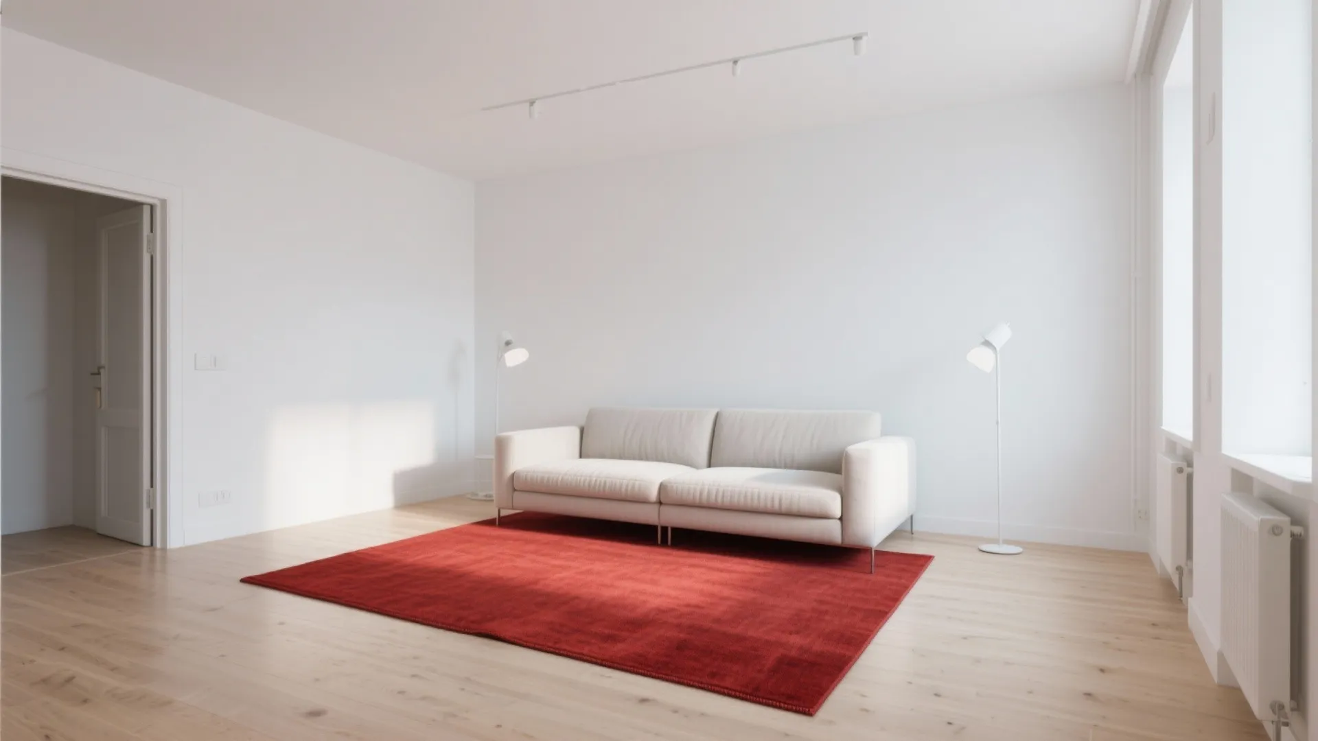 Minimalist living room with a vivid crimson rug