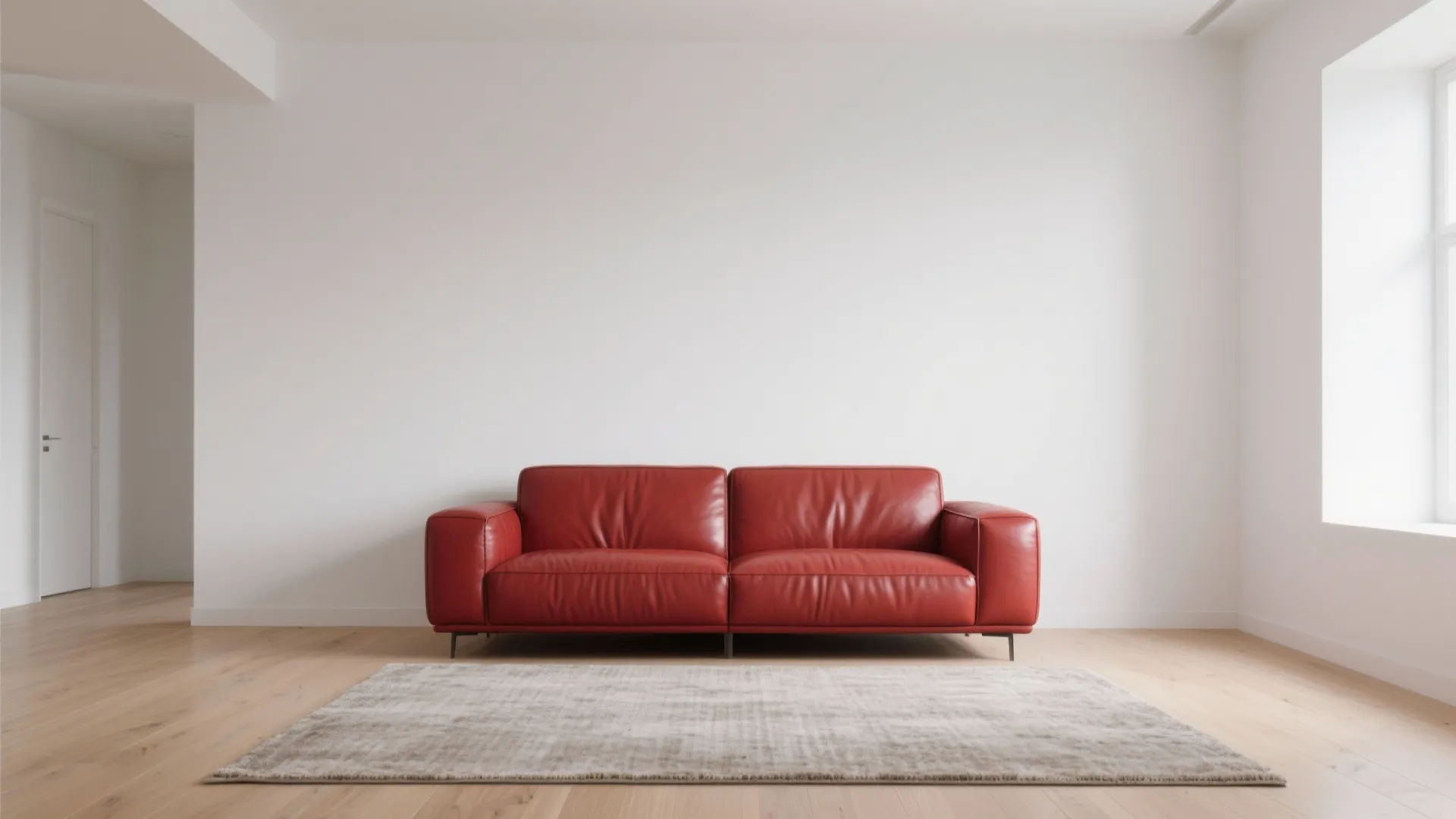 Minimalist room with red leather sofa and neutral tones