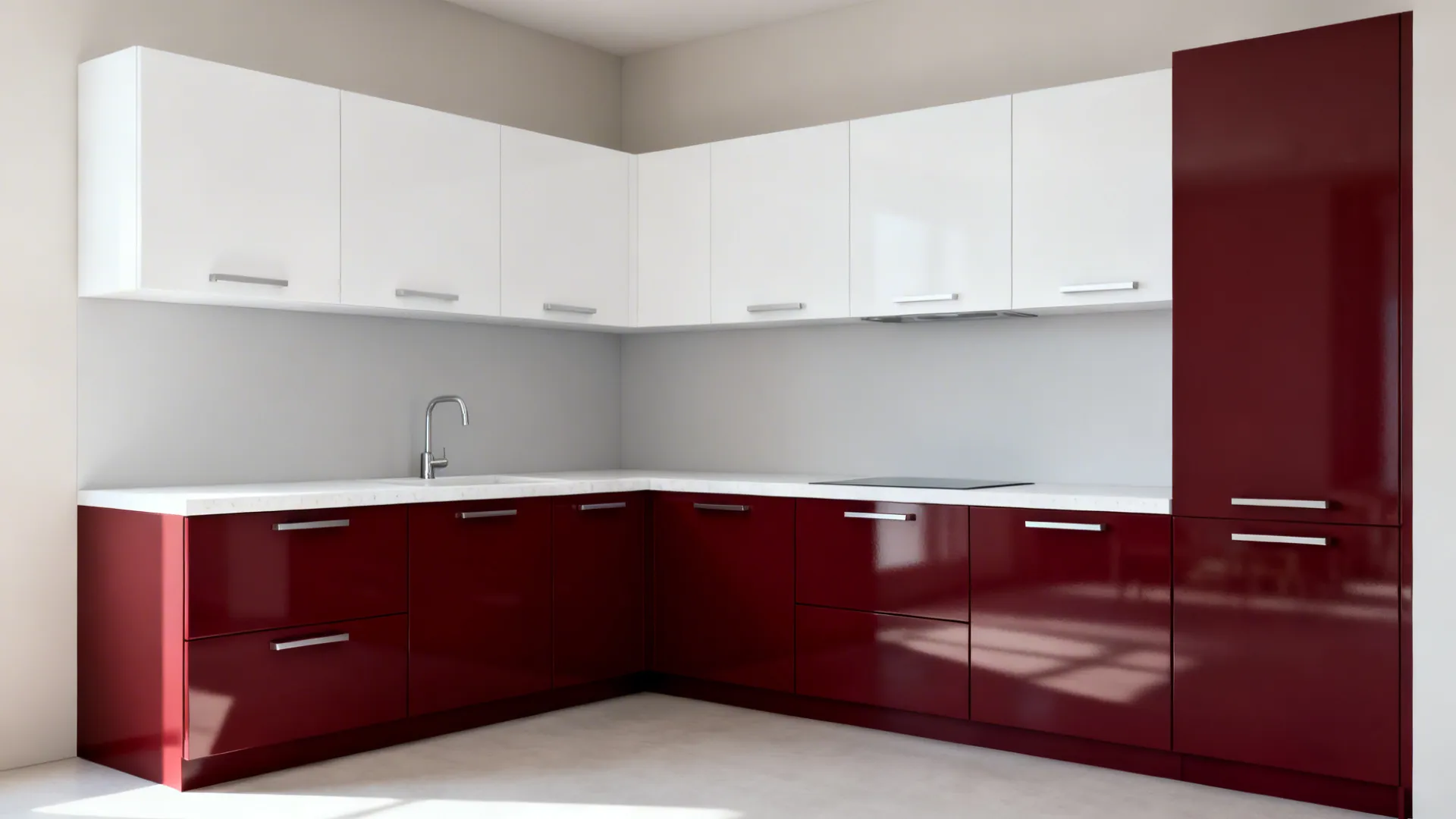 Minimalist kitchen with cherry-red base cabinets and matte white uppers in an L-shaped layout.