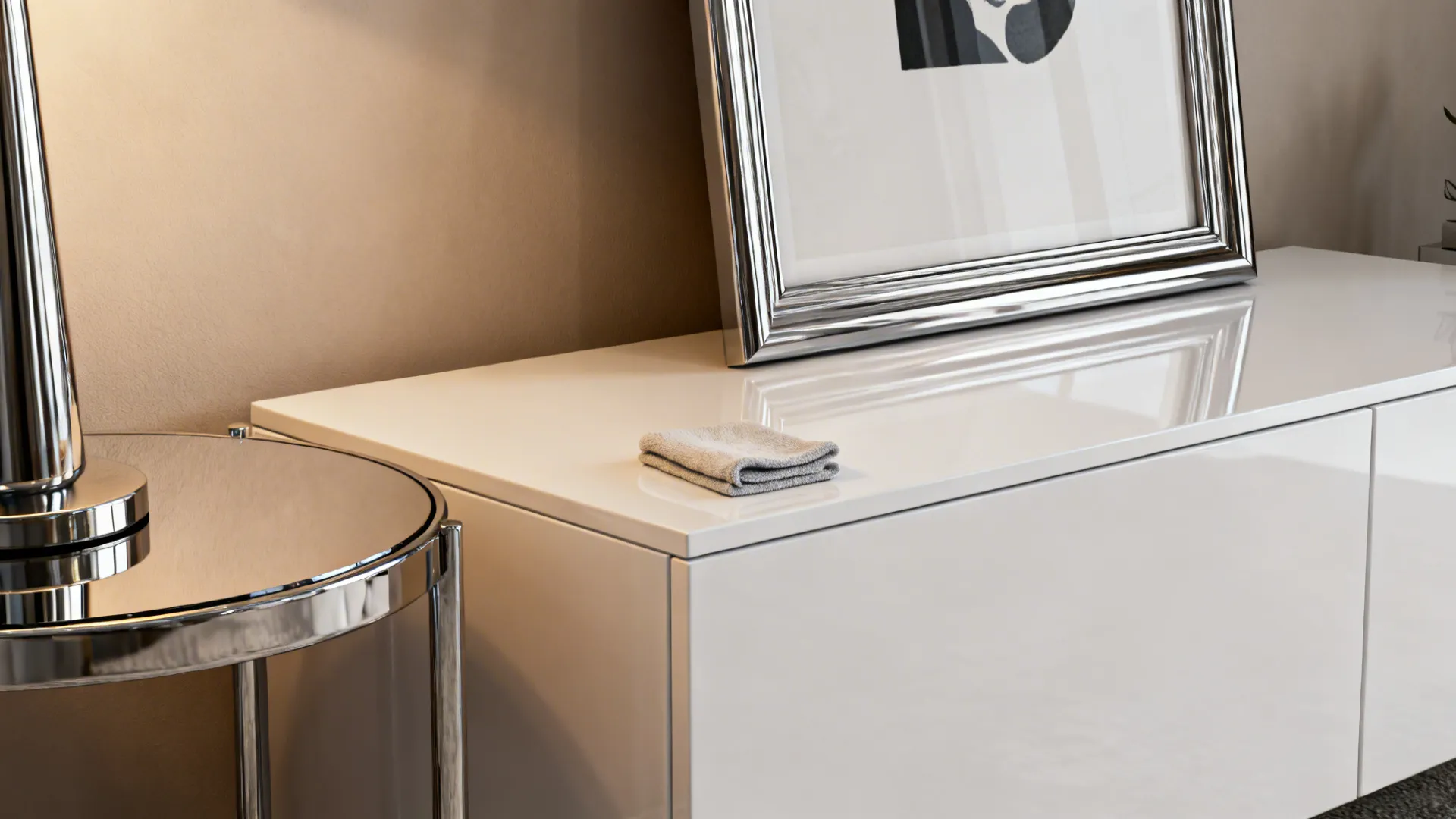 Close up of a white shiny cabinet surface with a silver picture frame and light