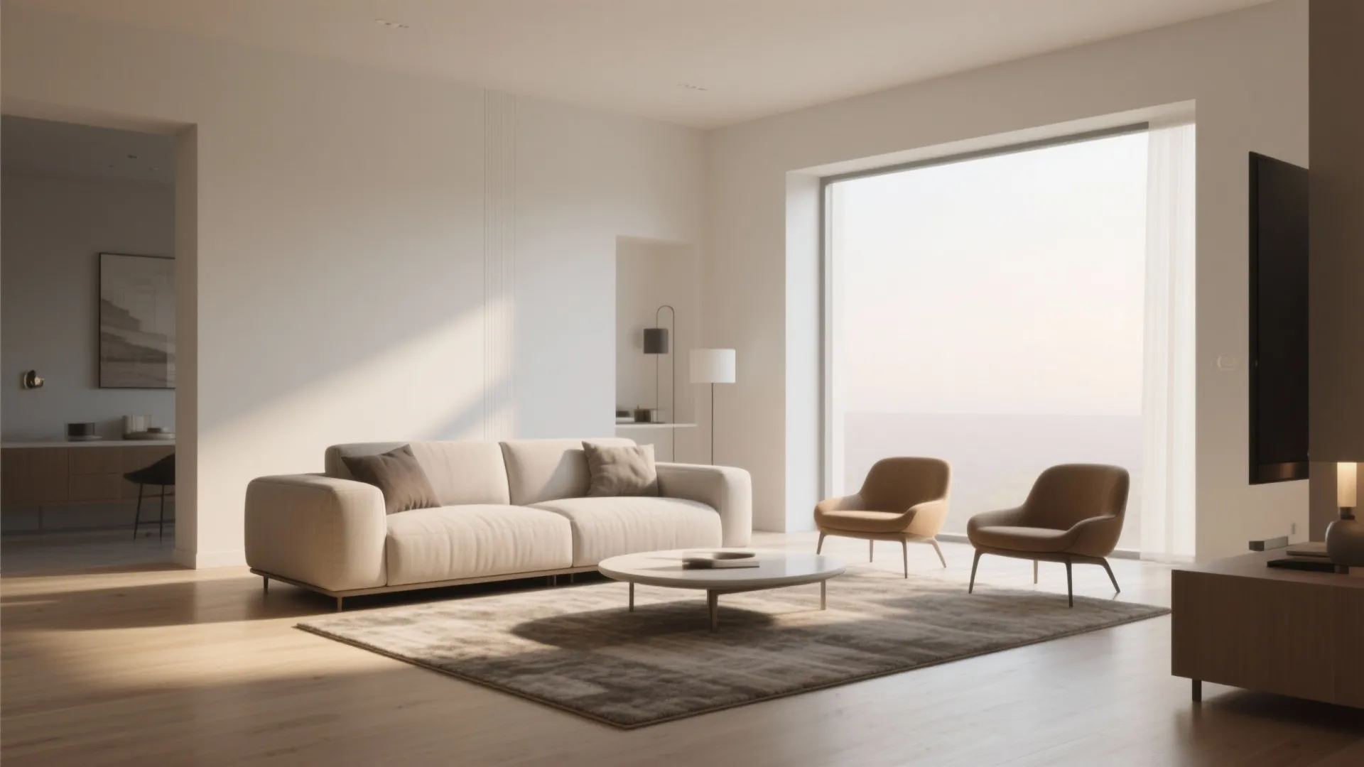 Minimalist living room with white sofa two chairs round table large window and wooden floor